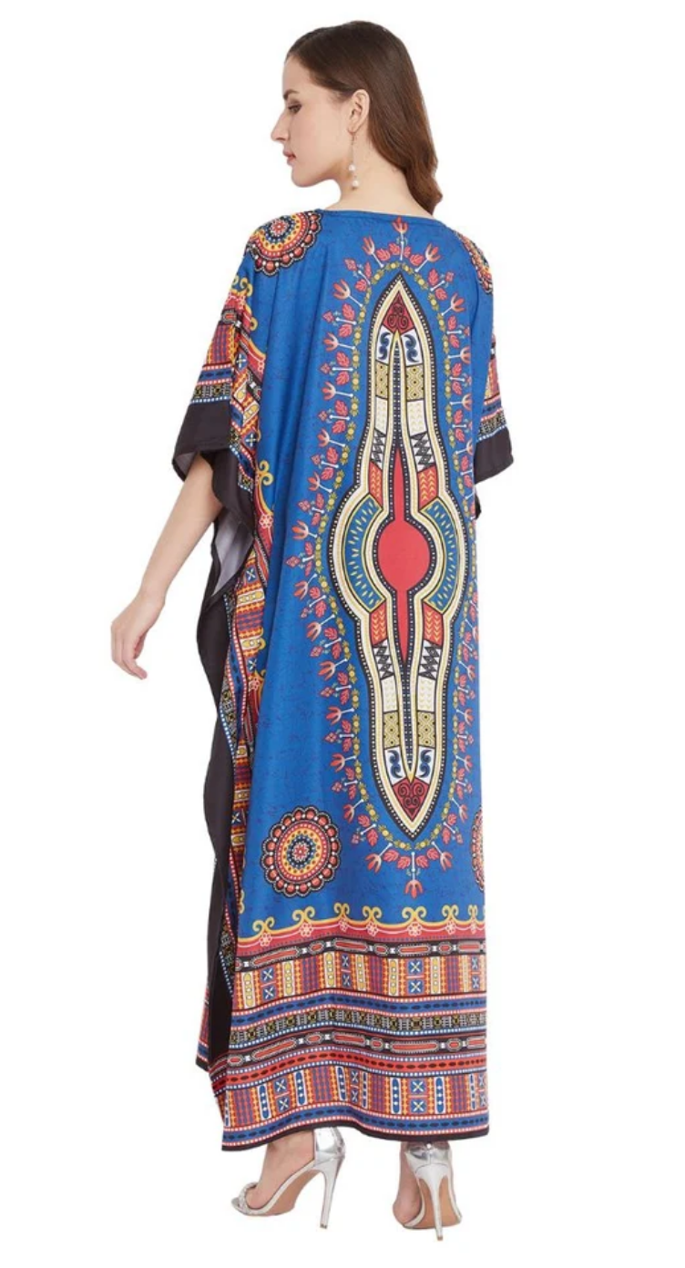 Blue Dashiki Medallion Polyester Plus Size Kaftan for Women 1X-3X | GypsieBlu