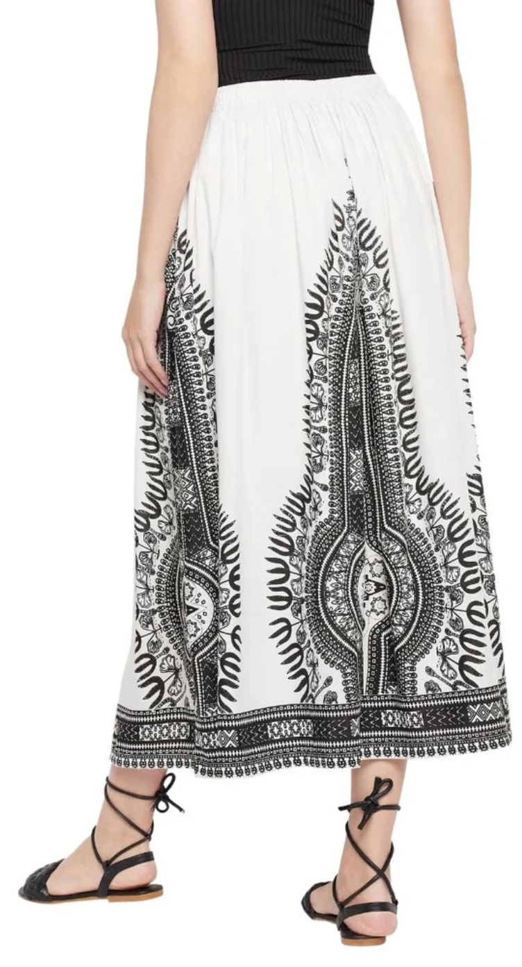 White Dashiki Border Rayon Skirt for Women S-XL | GypsieBlu