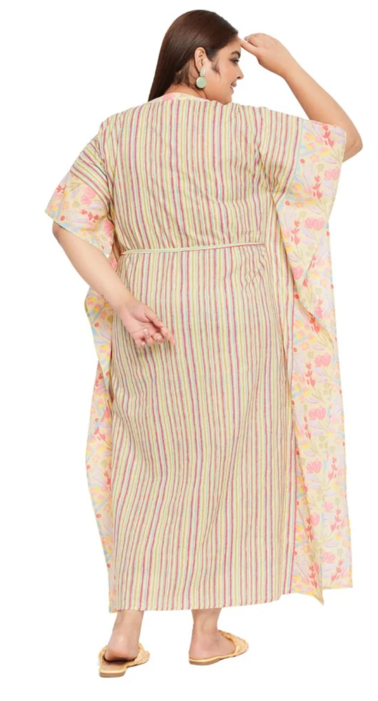 GypsieBlu Yellow Floral Plus Size Cotton Kaftan Dress for Women 3/4 Sleeve 1X-3X