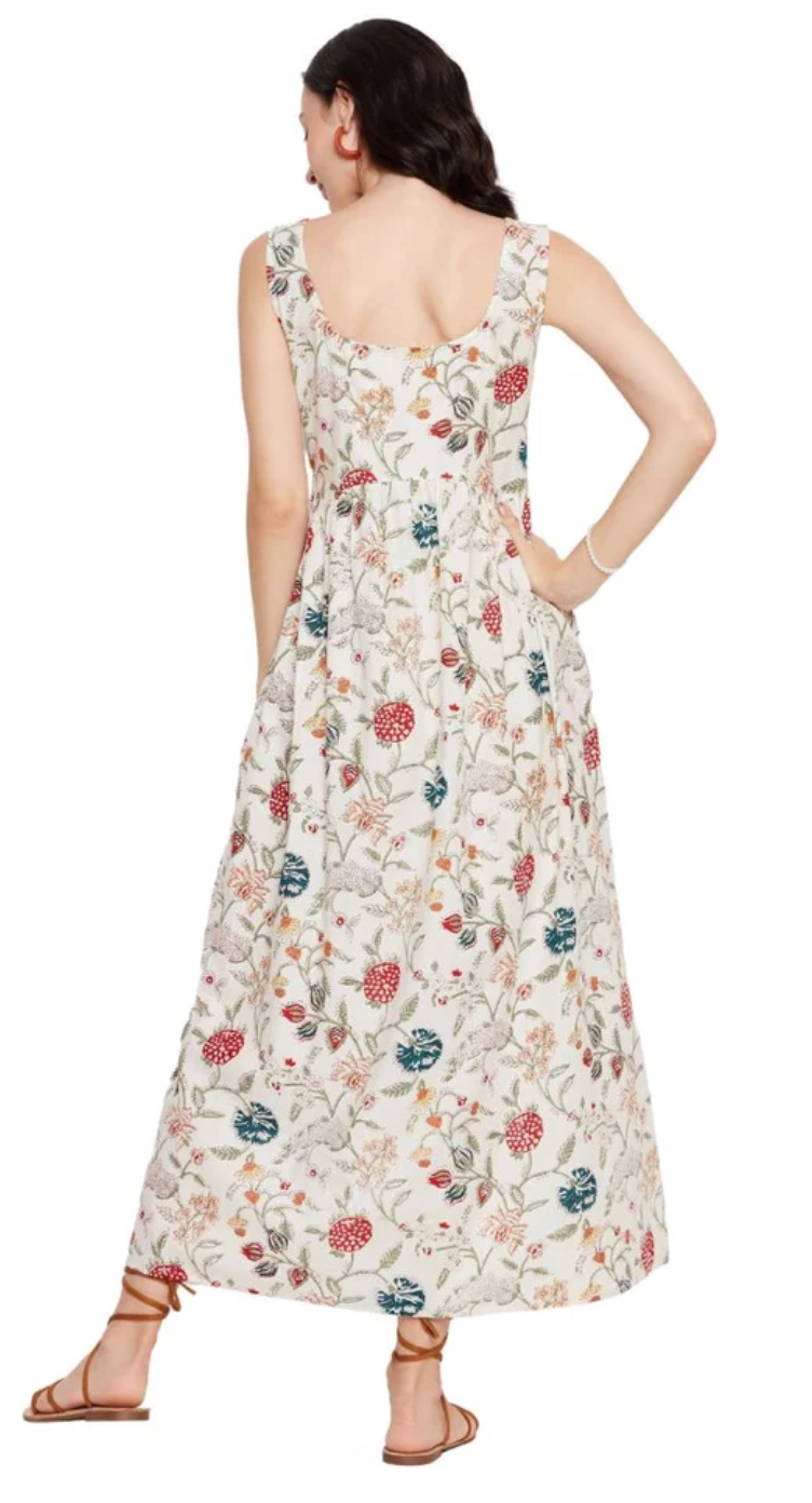 White Floral Cotton Scoop Neck Maxi Dress for Women S-XL Sleeveless | GypsieBlu