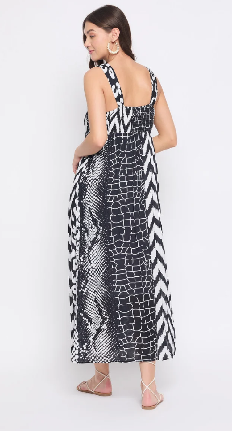 White & Black Geometric Rayon Maxi Dress for Women S-XL | GypsieBlu