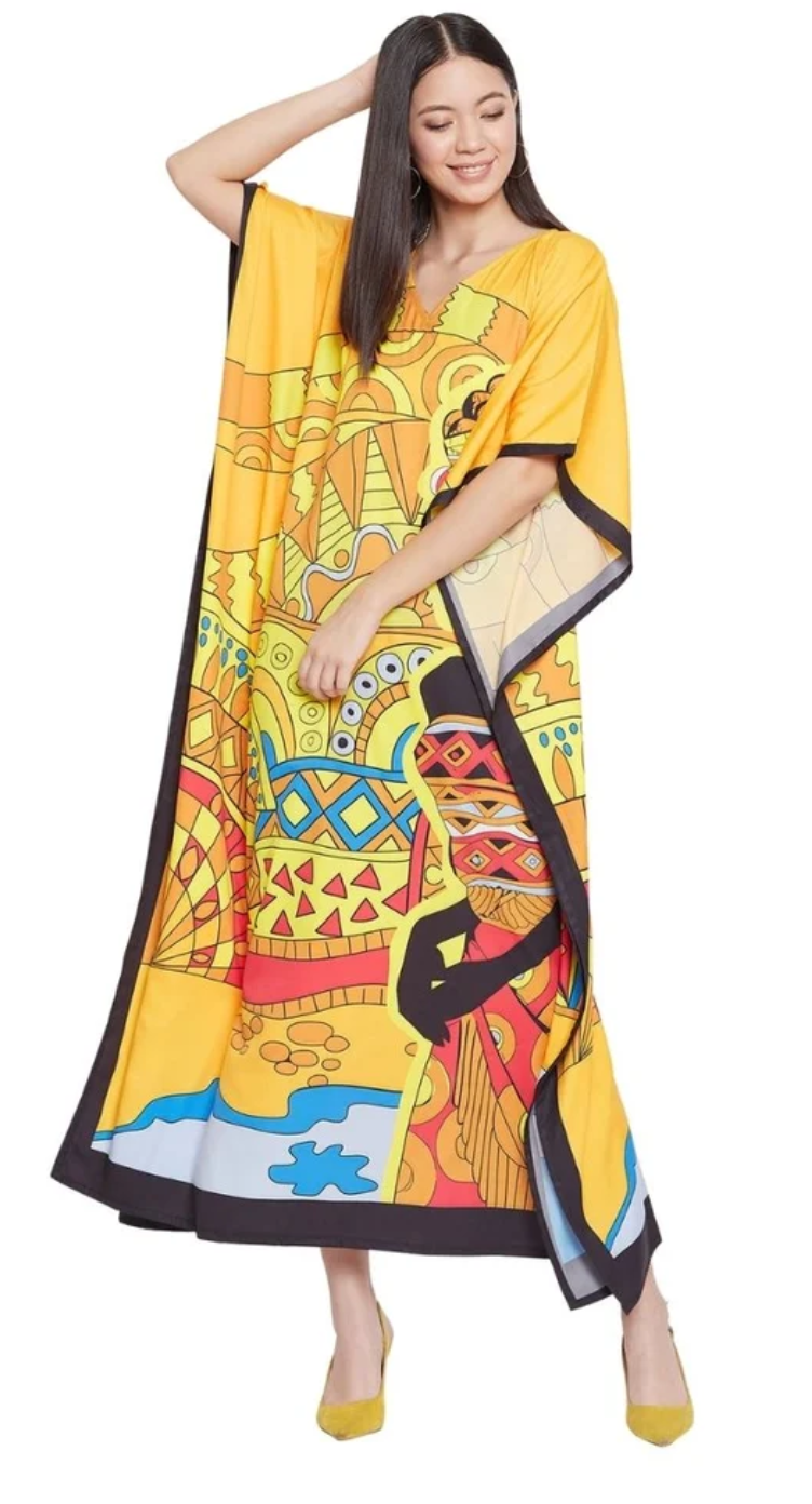 GypsieBlu Yellow & Multicolor Polyester Plus Size Kaftan for Women Kimono Sleeve 1X-3X - Abstract Tribal Scenic Motif Print