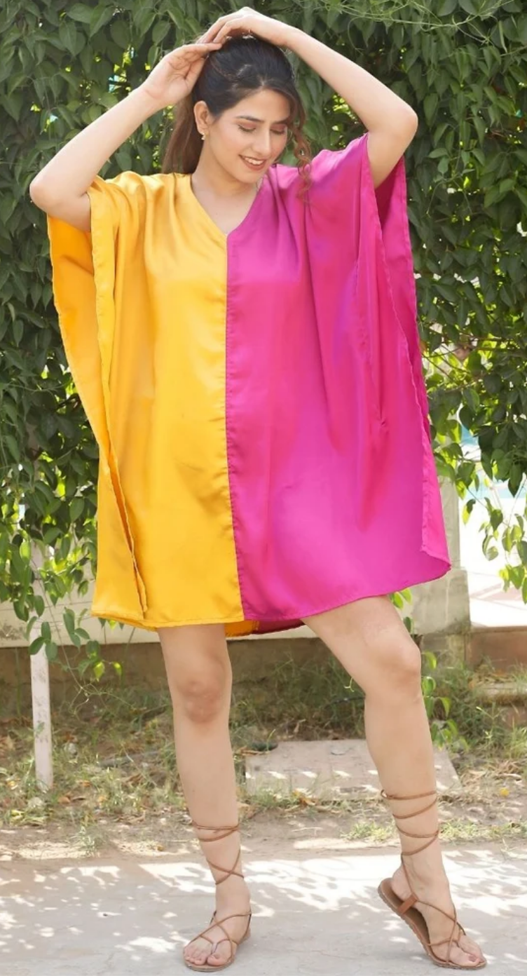 Orange & Magenta Colorblock Satin Plus Size Tunic for Women 1X-3X 3/4 Sleeve V Neck | GypsieBlu