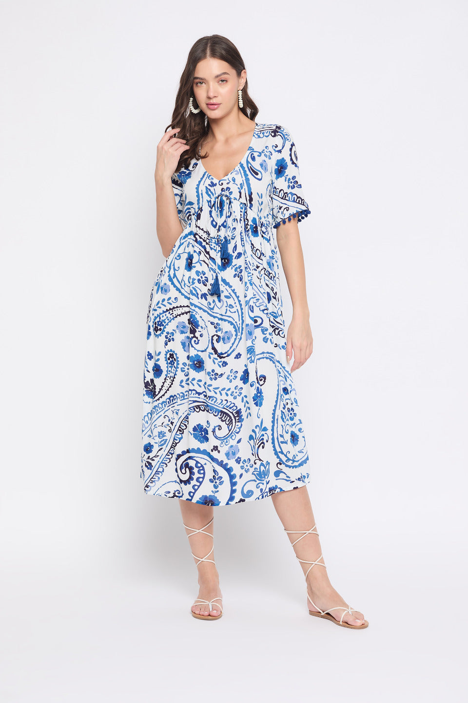 Paisley Floral Print Blue And White Polyester Midi Dress For Women