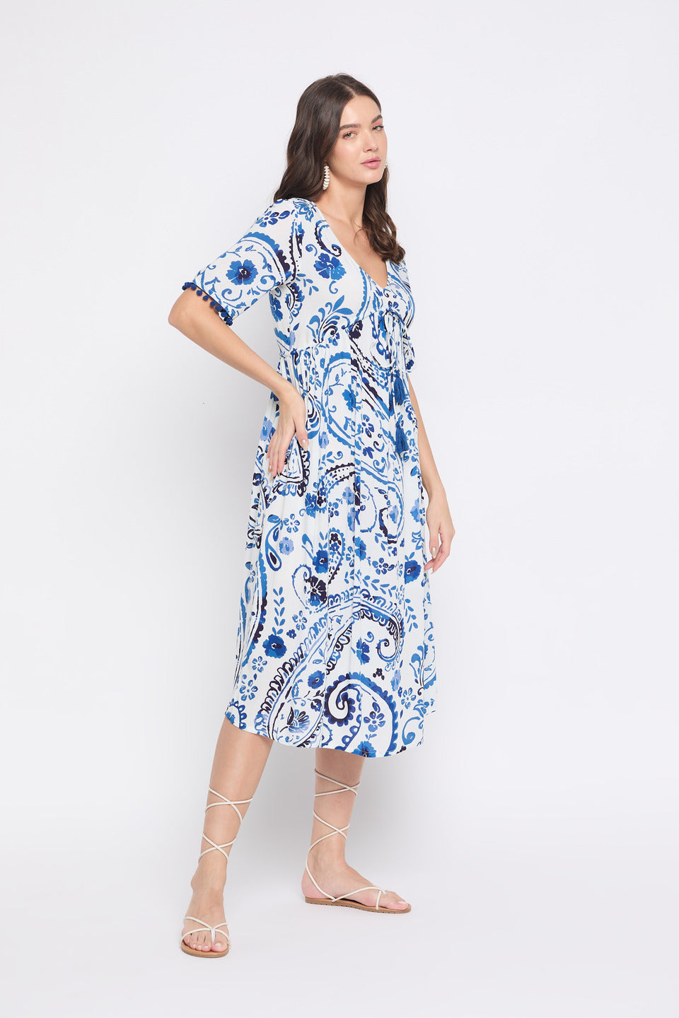 Paisley Floral Print Blue And White Polyester Midi Dress For Women