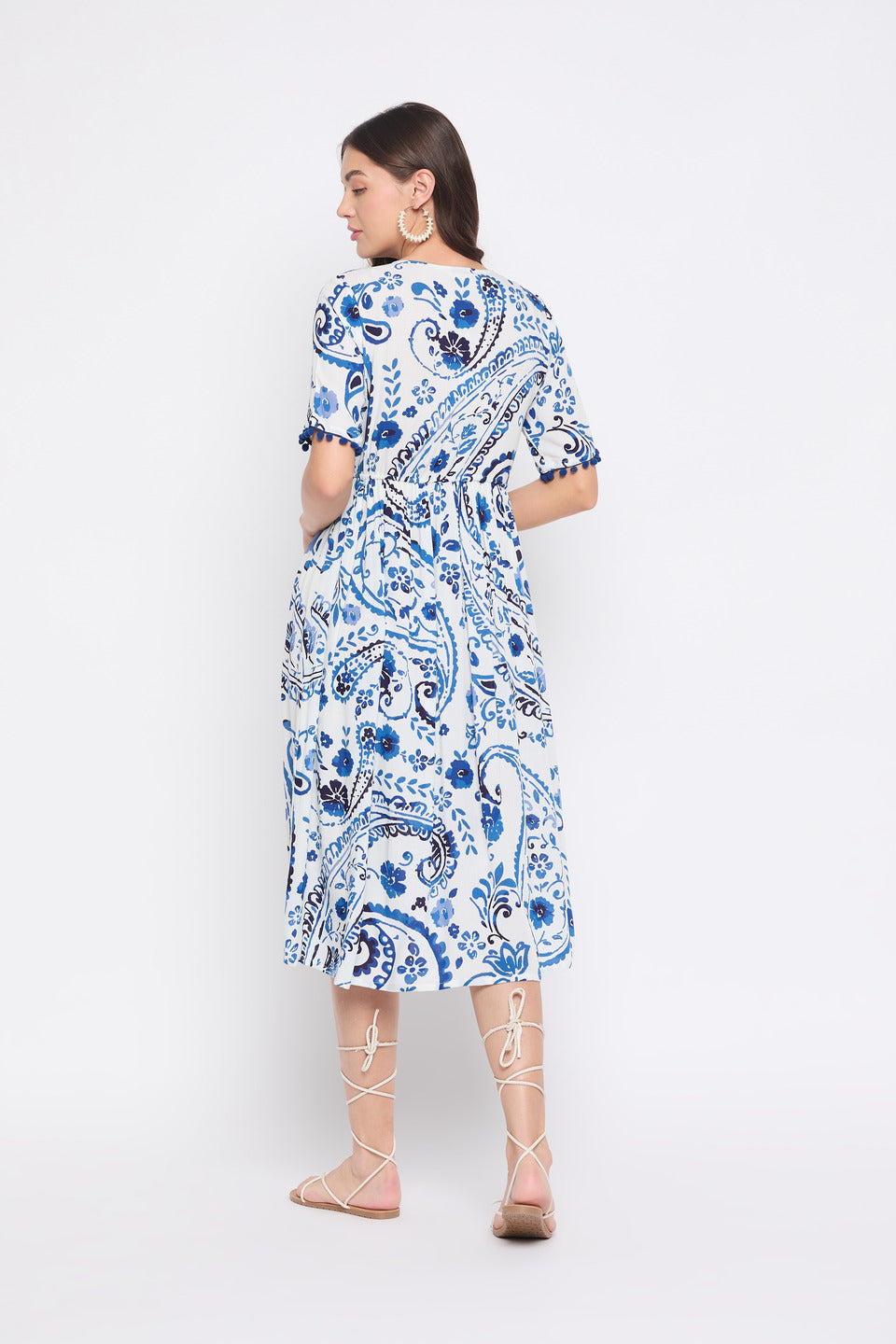 Paisley Floral Print Blue And White Polyester Midi Dress For Women