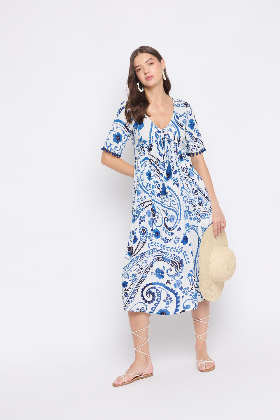 Paisley & Floral Print Blue & White  Polyester Midi Dress