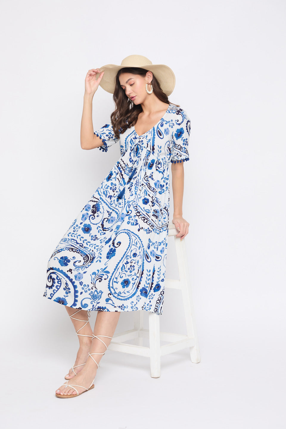 Paisley Floral Print Blue And White Polyester Midi Dress For Women