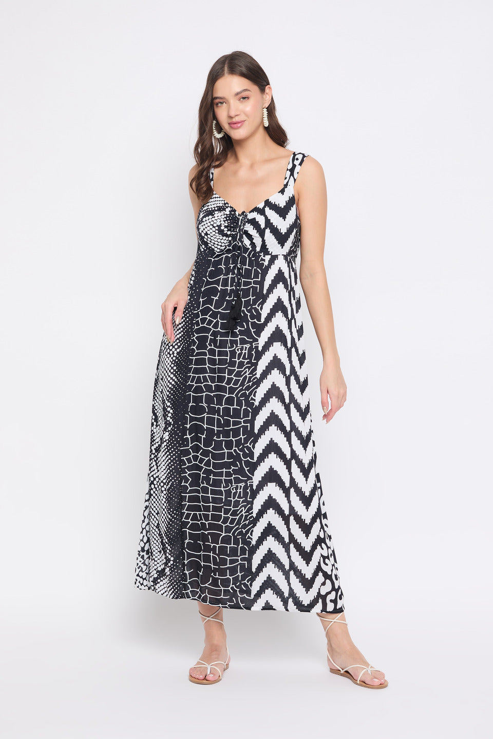 White And Black Geometric Print Rayon Crepe Dress For Women