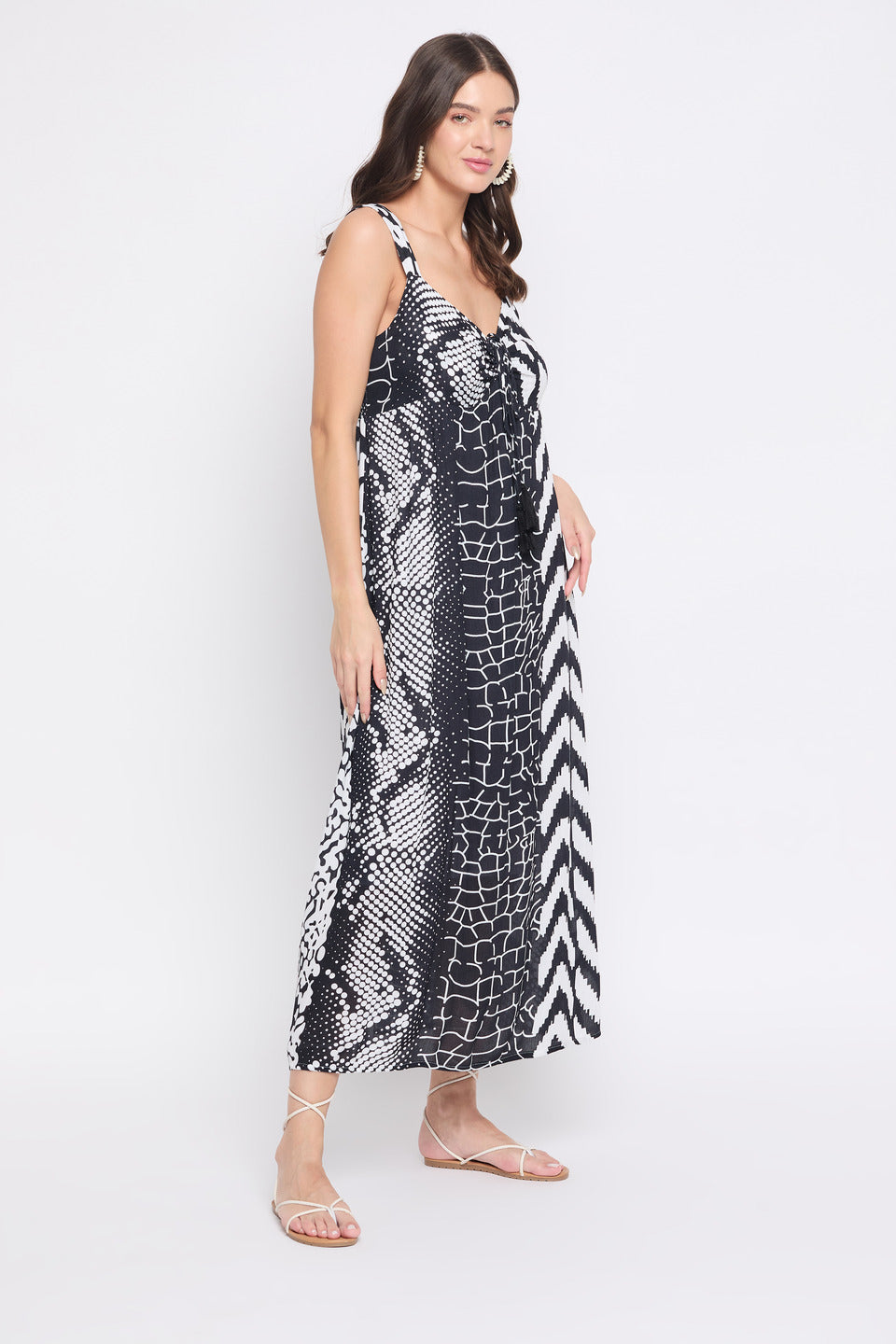 White And Black Geometric Print Rayon Crepe Dress For Women