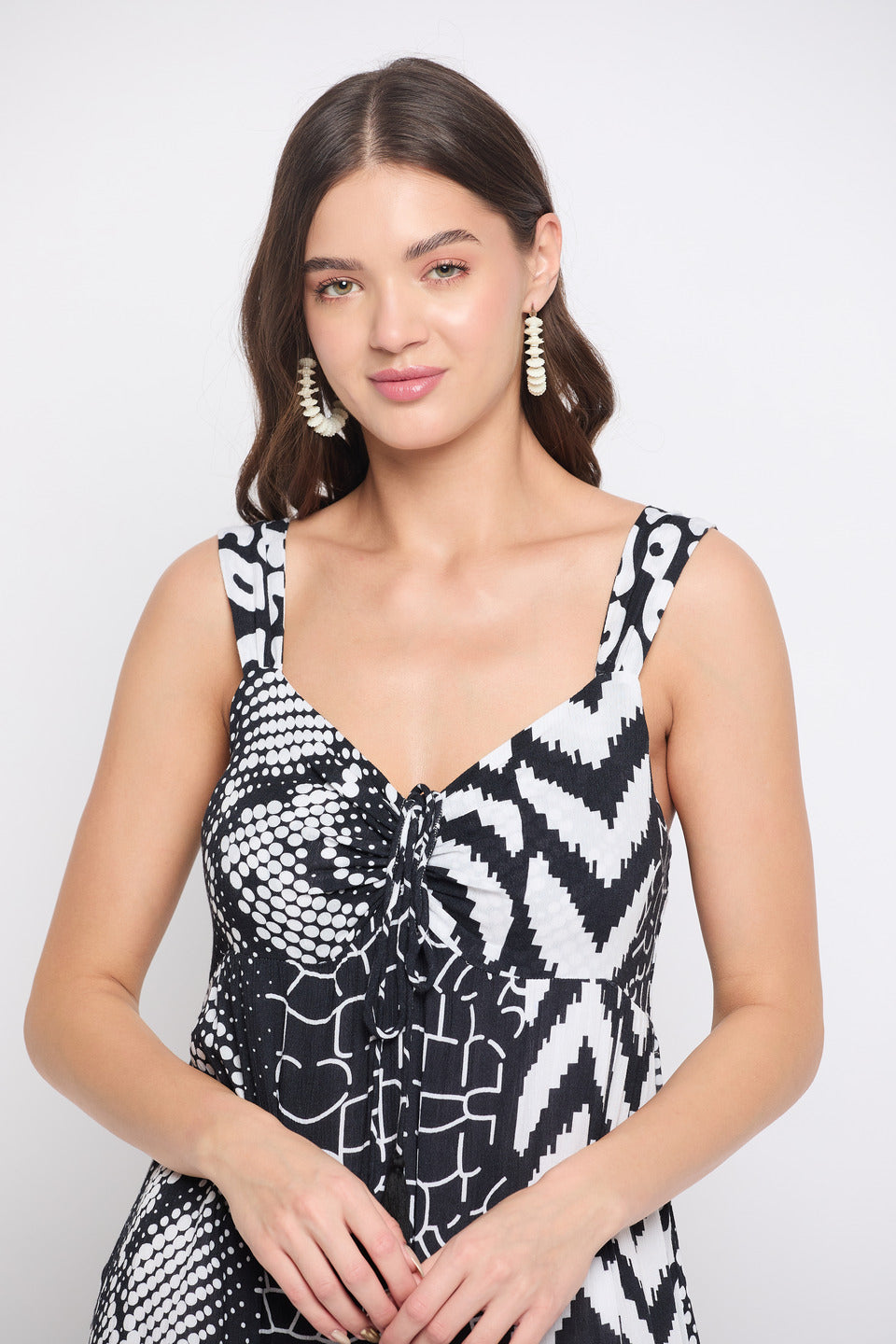 White And Black Geometric Print Rayon Crepe Dress For Women