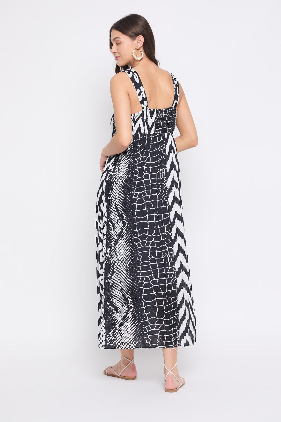 White And Black Geometric Print Rayon Crepe Dress For Women