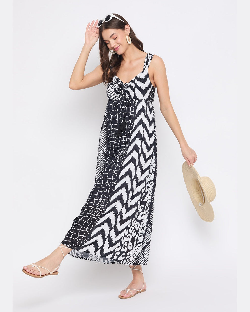 White And Black Geometric Print Rayon Holiday Maxi Dress For Women