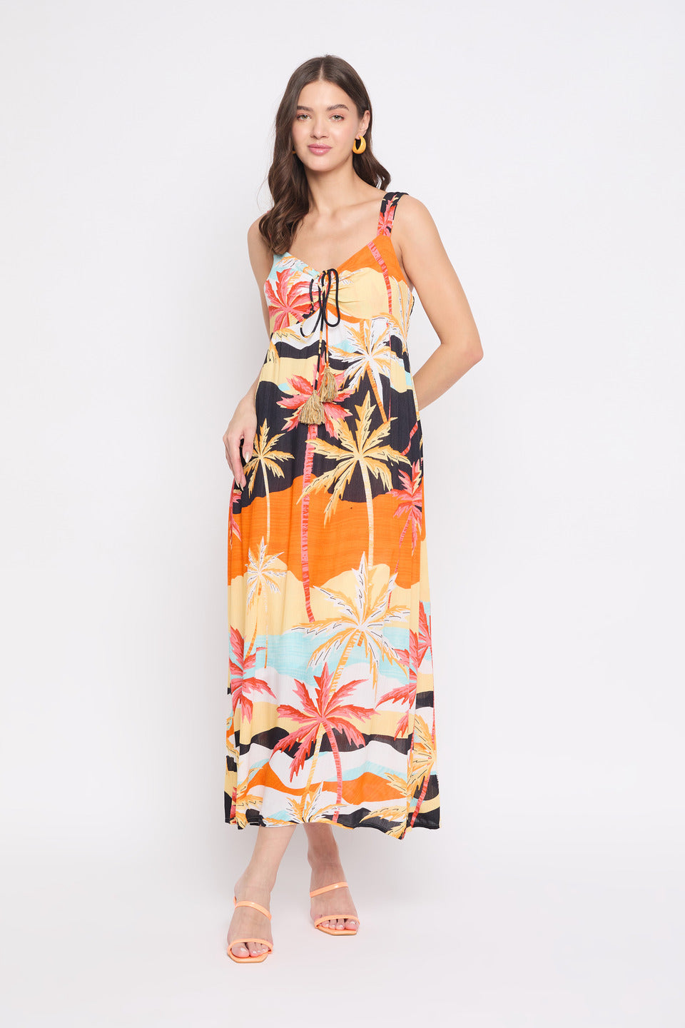 Multicolor Beach Theme Rayon Crepe Maxi Dress For Women