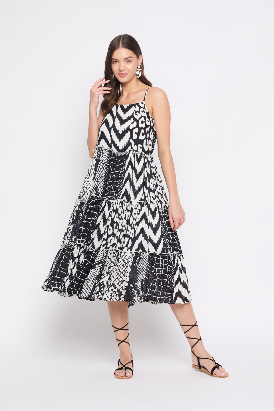 Geometric Print Black And White Polyester Midi Dress For Women