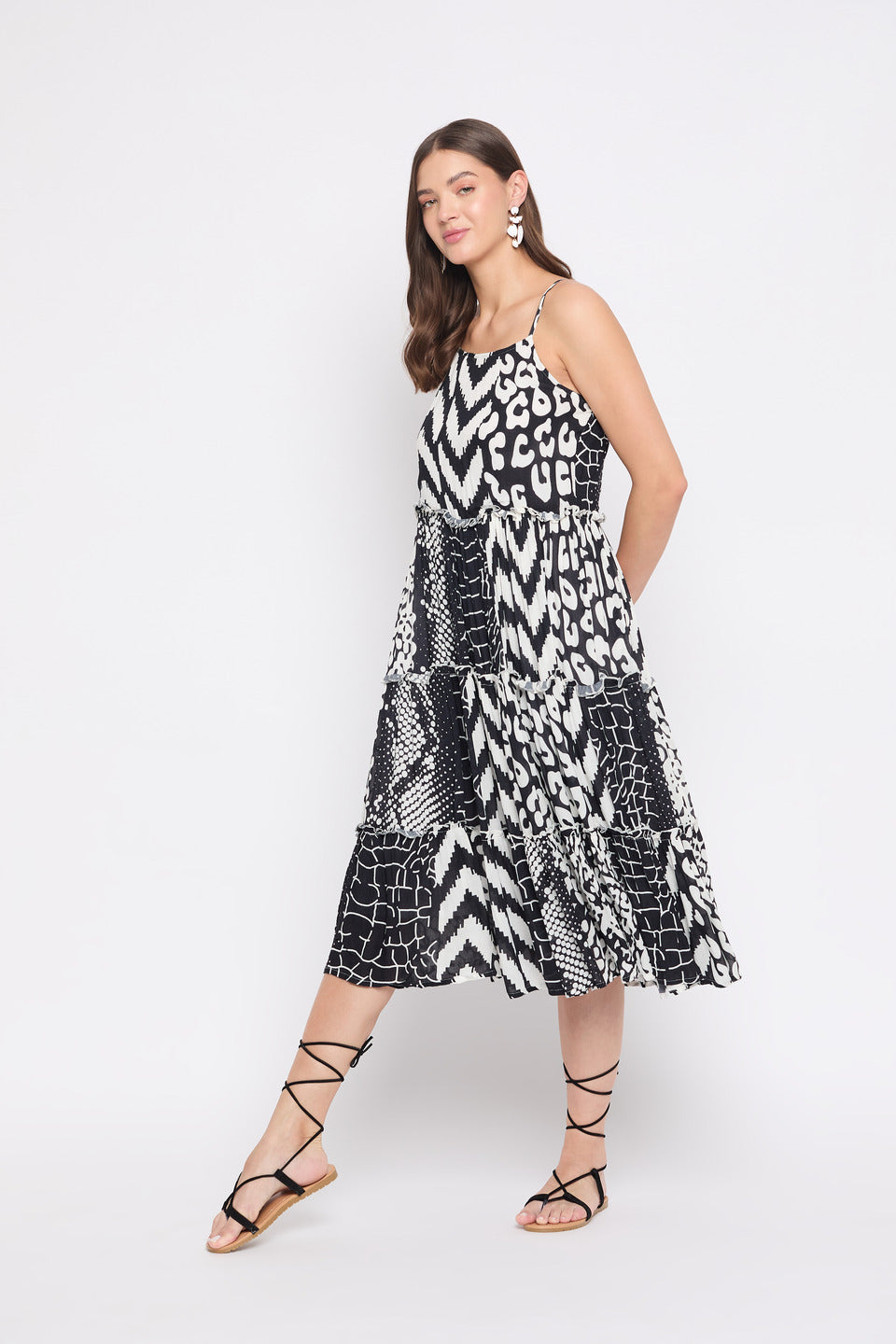 Geometric Print Black And White Polyester Midi Dress For Women