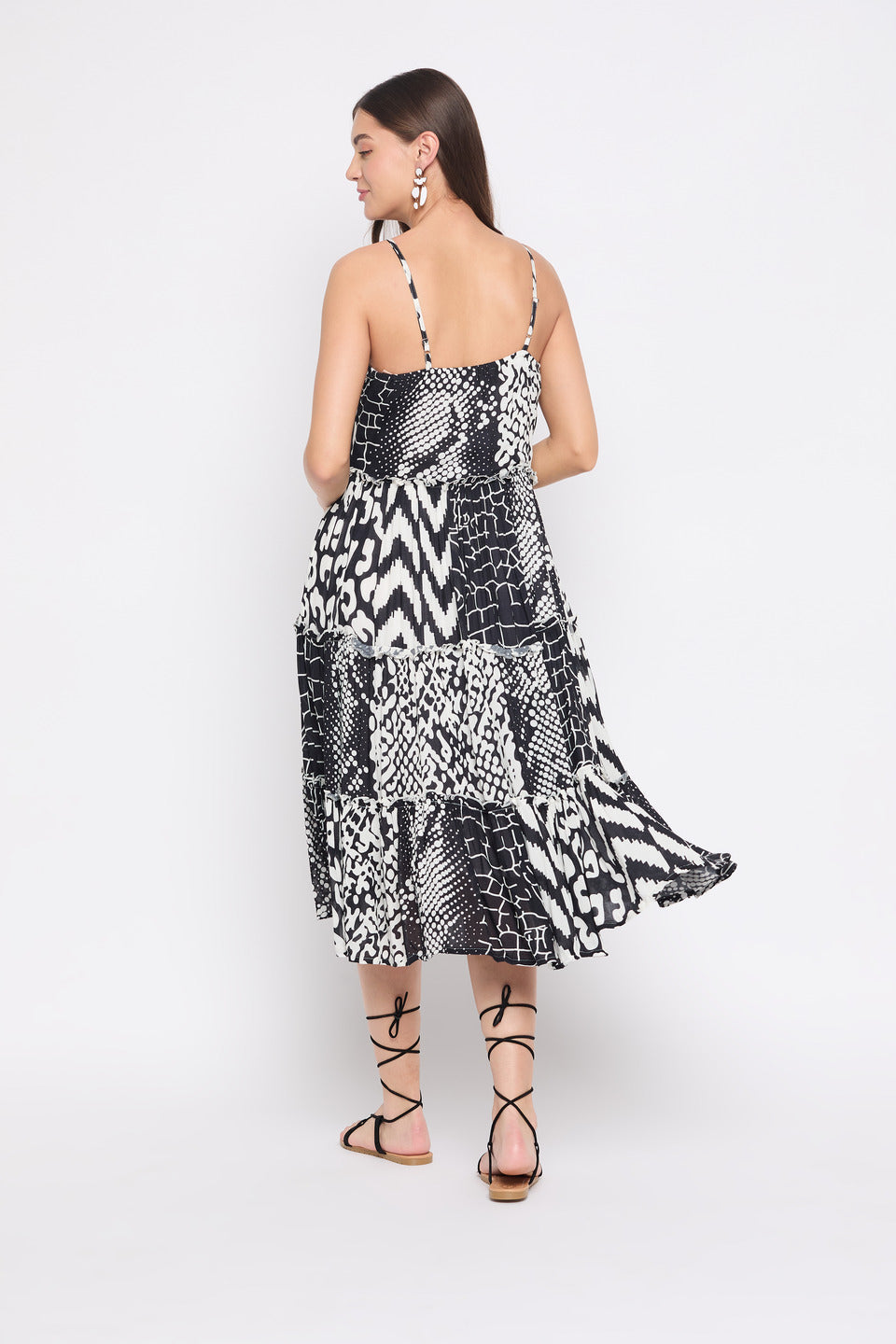 Geometric Print Black And White Polyester Midi Dress For Women