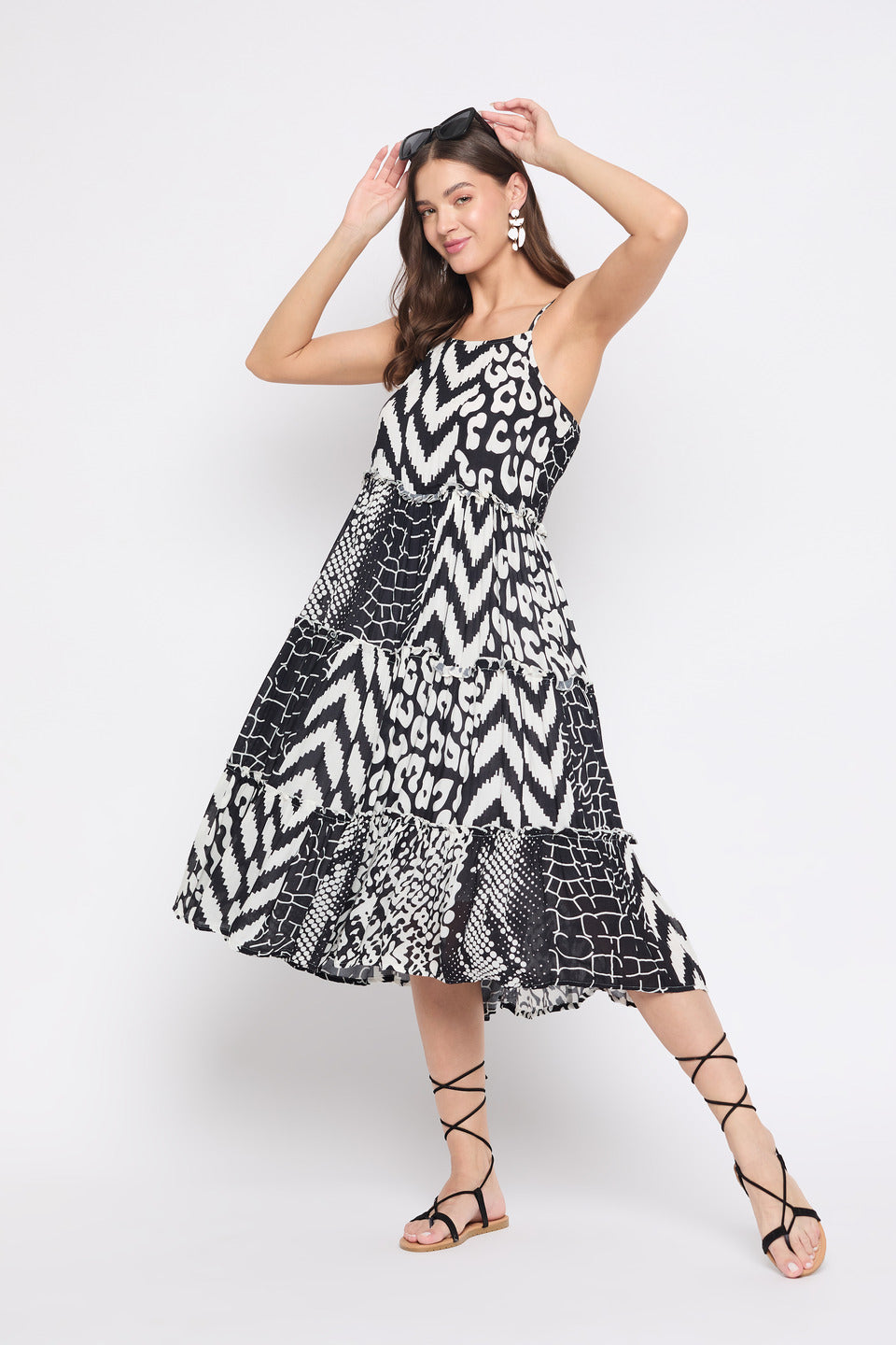 Geometric Printed Black & White Polyester Midi Dress