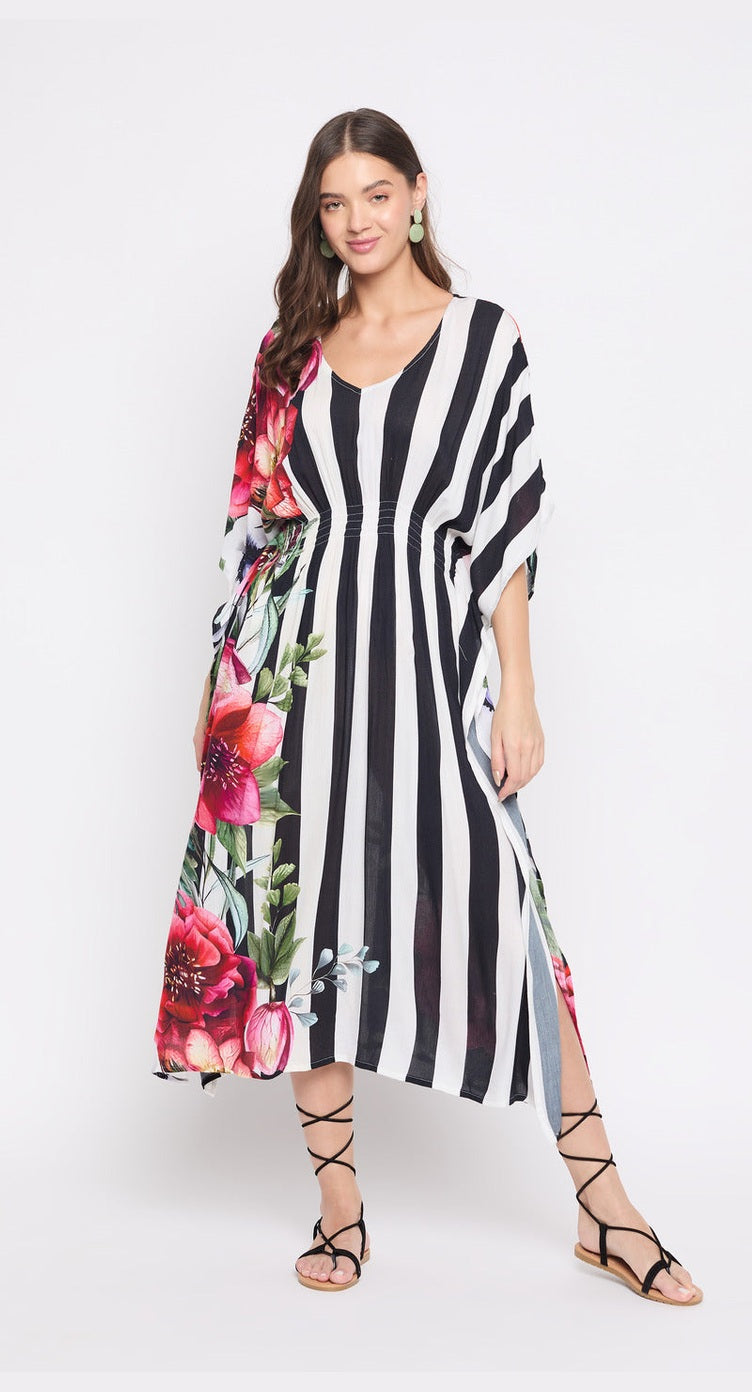 Black and white striped plus size kaftan with pink floral panel and V-neck