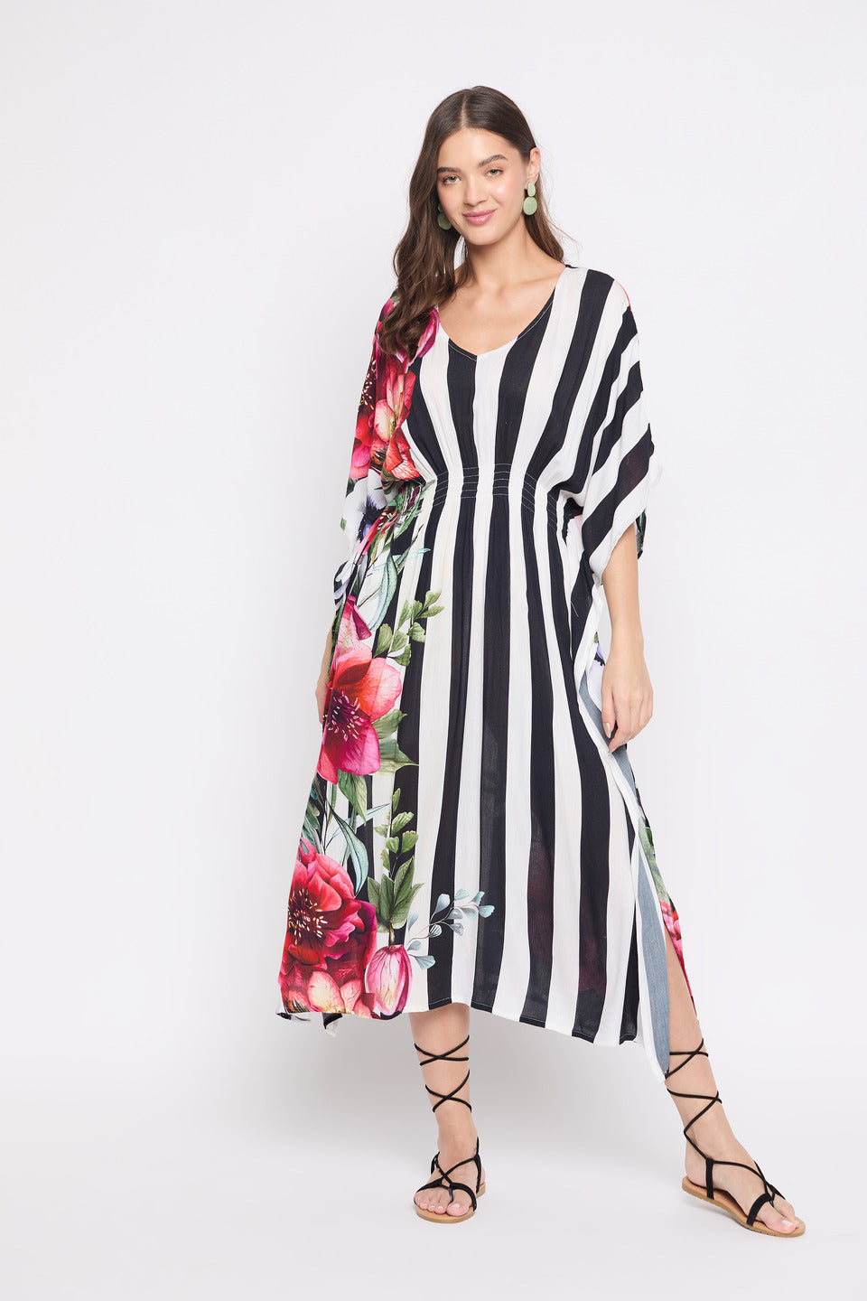 Floral And Striped Printed Multicolor Plus Size Kaftan For Women