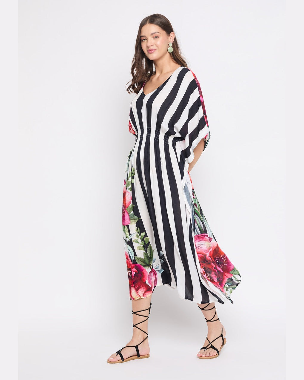 Floral And Striped Printed Multicolor Casual Kaftan Dress For Women