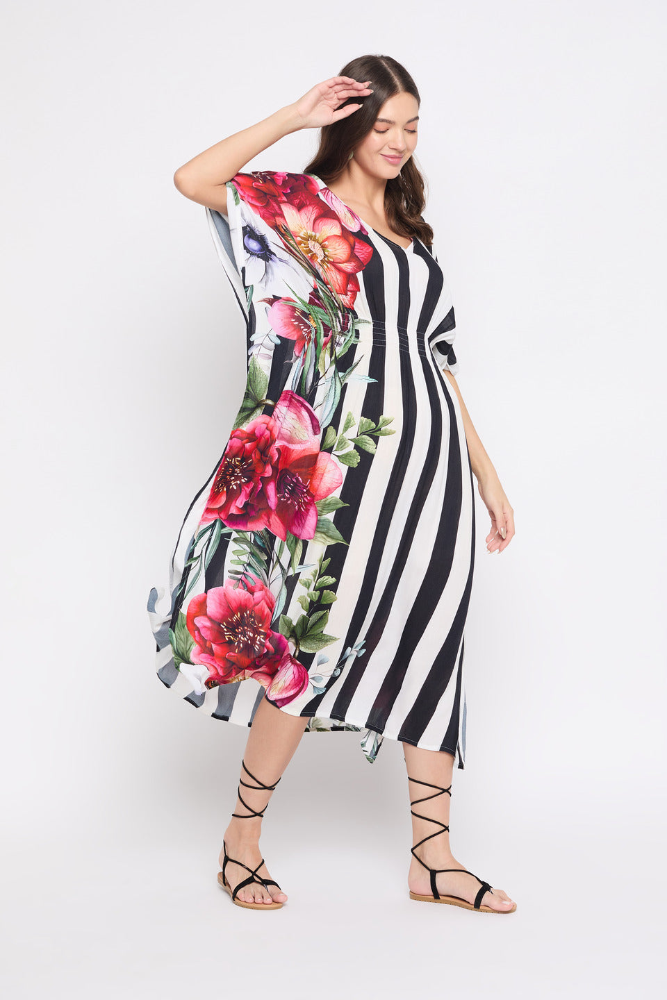 Floral And Striped Printed Multicolor Plus Size Kaftan For Women