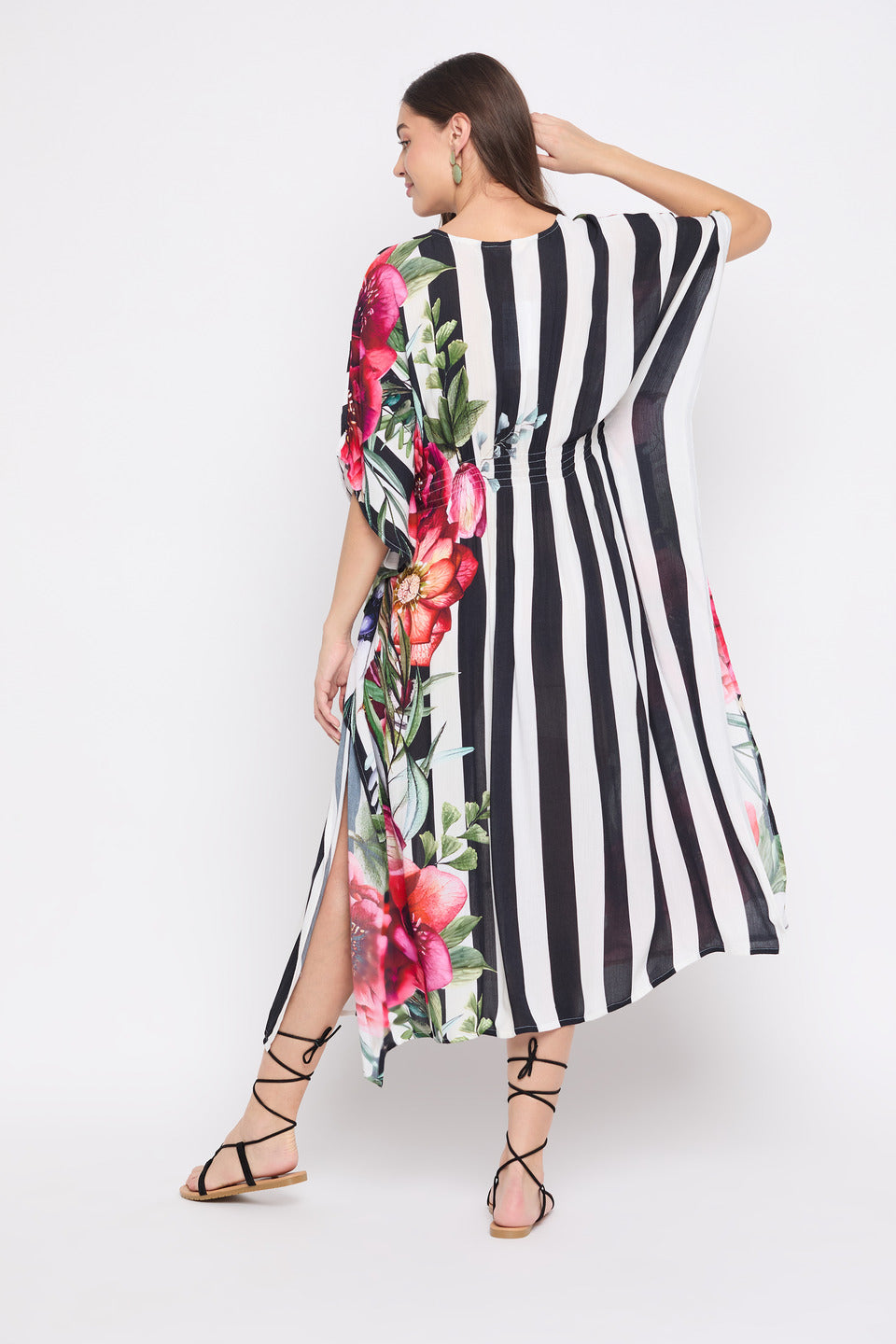 Floral And Striped Printed Multicolor Plus Size Kaftan For Women