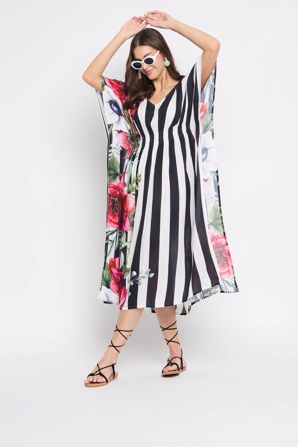 Floral And Striped Printed Multicolor Casual Kaftan Dress For Women