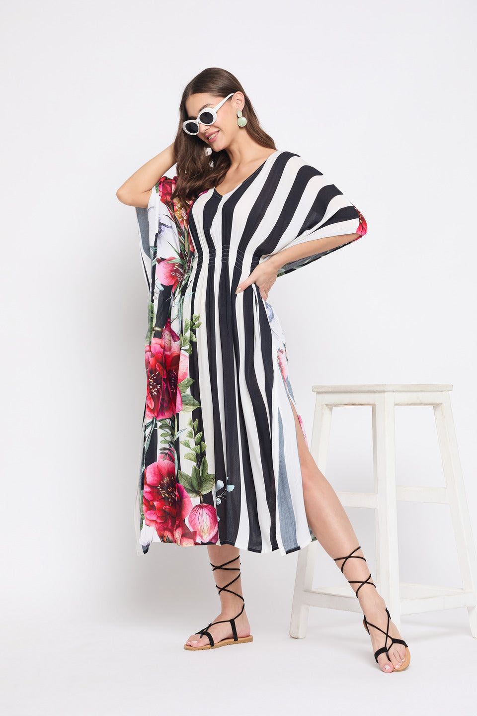 Floral And Striped Printed Multicolor Plus Size Kaftan For Women