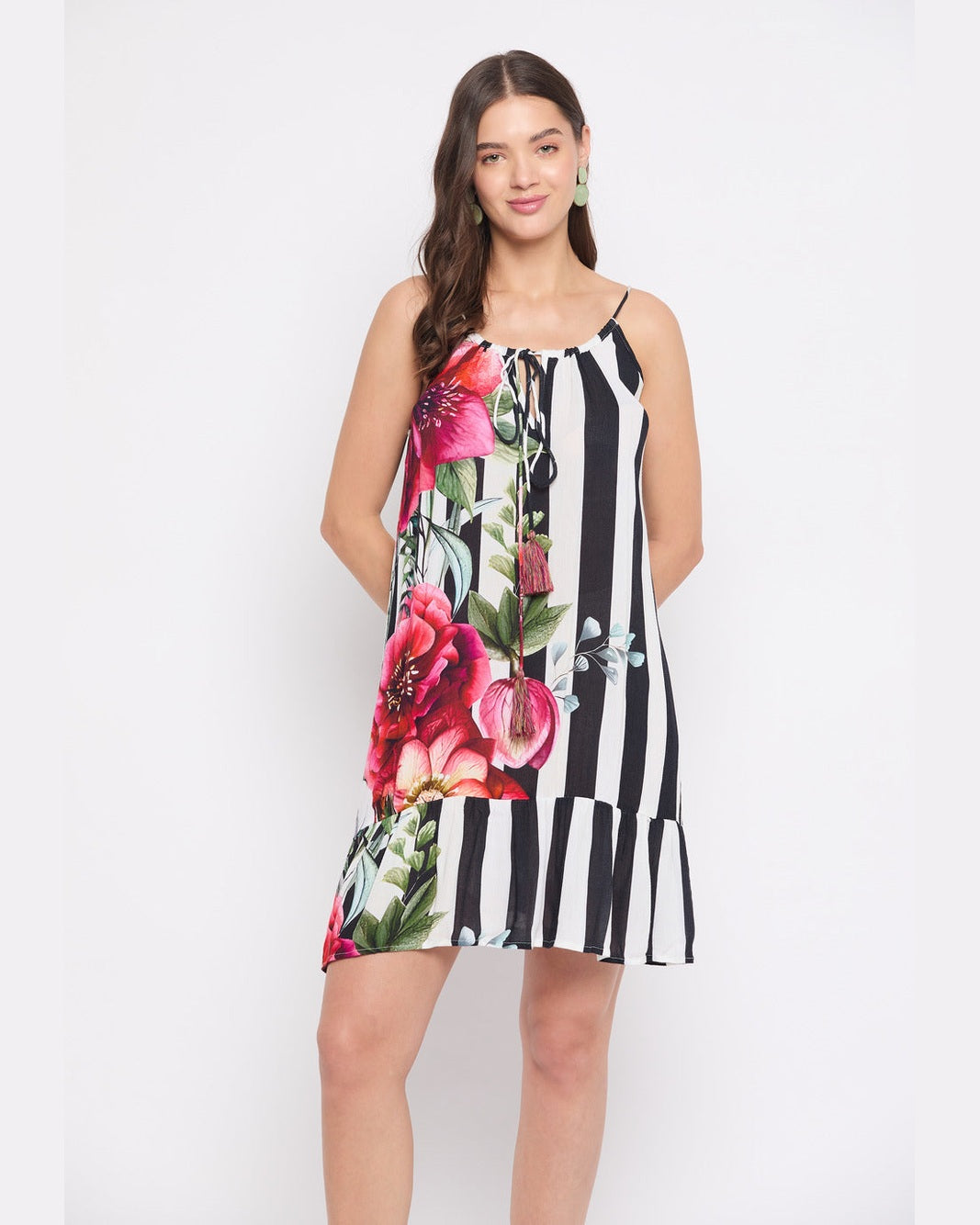 Floral Print Black And White Striped Rayon Crepe Mini Dress For Women
