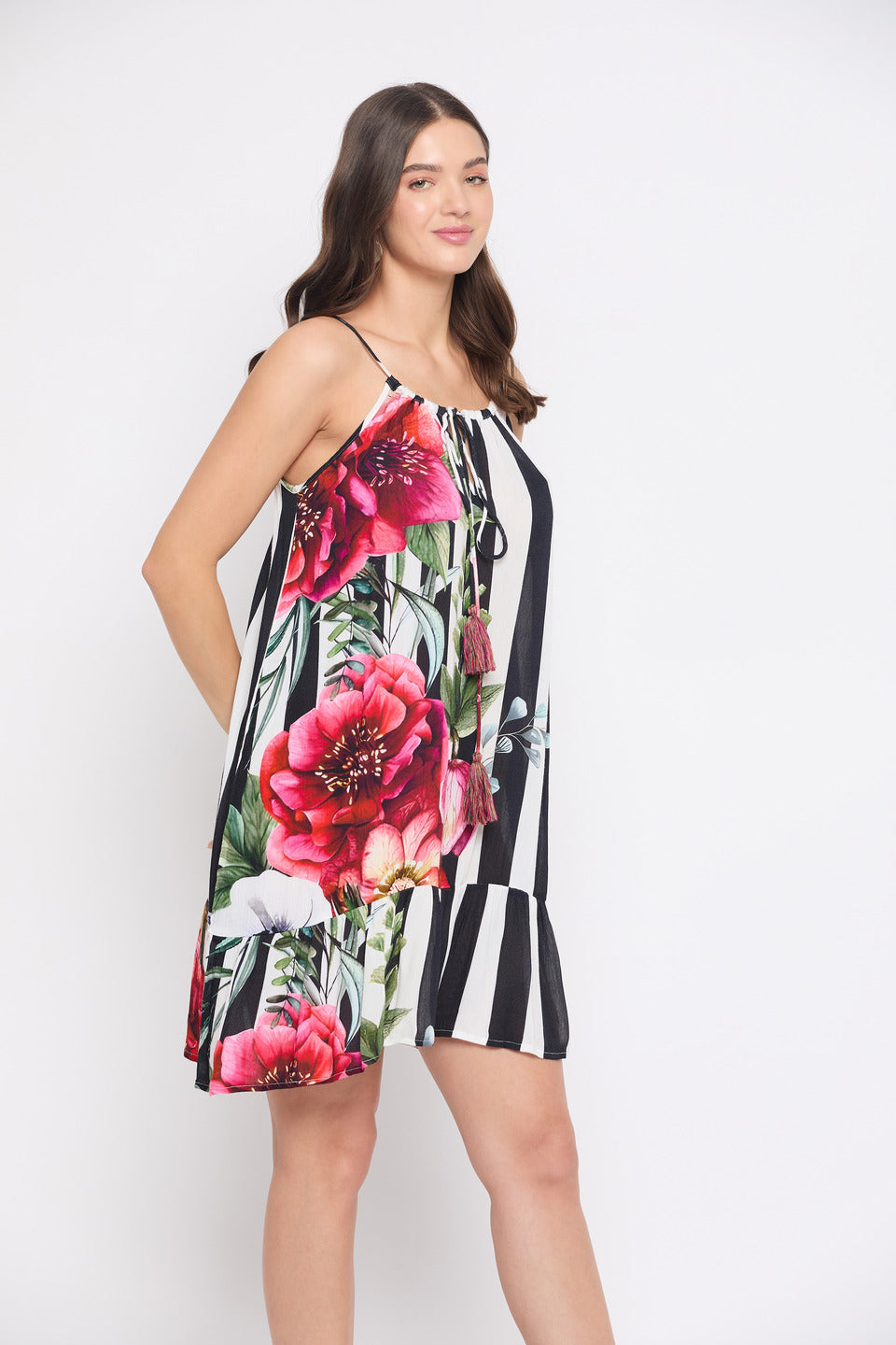 Floral Print Black And White Striped Rayon Crepe Mini Dress For Women