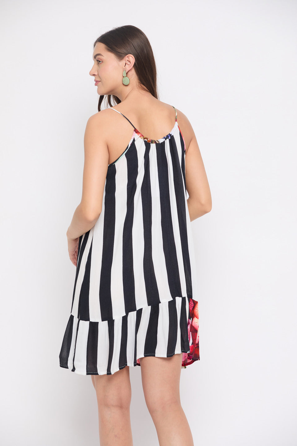 Floral Print Black And White Striped Rayon Crepe Mini Dress For Women