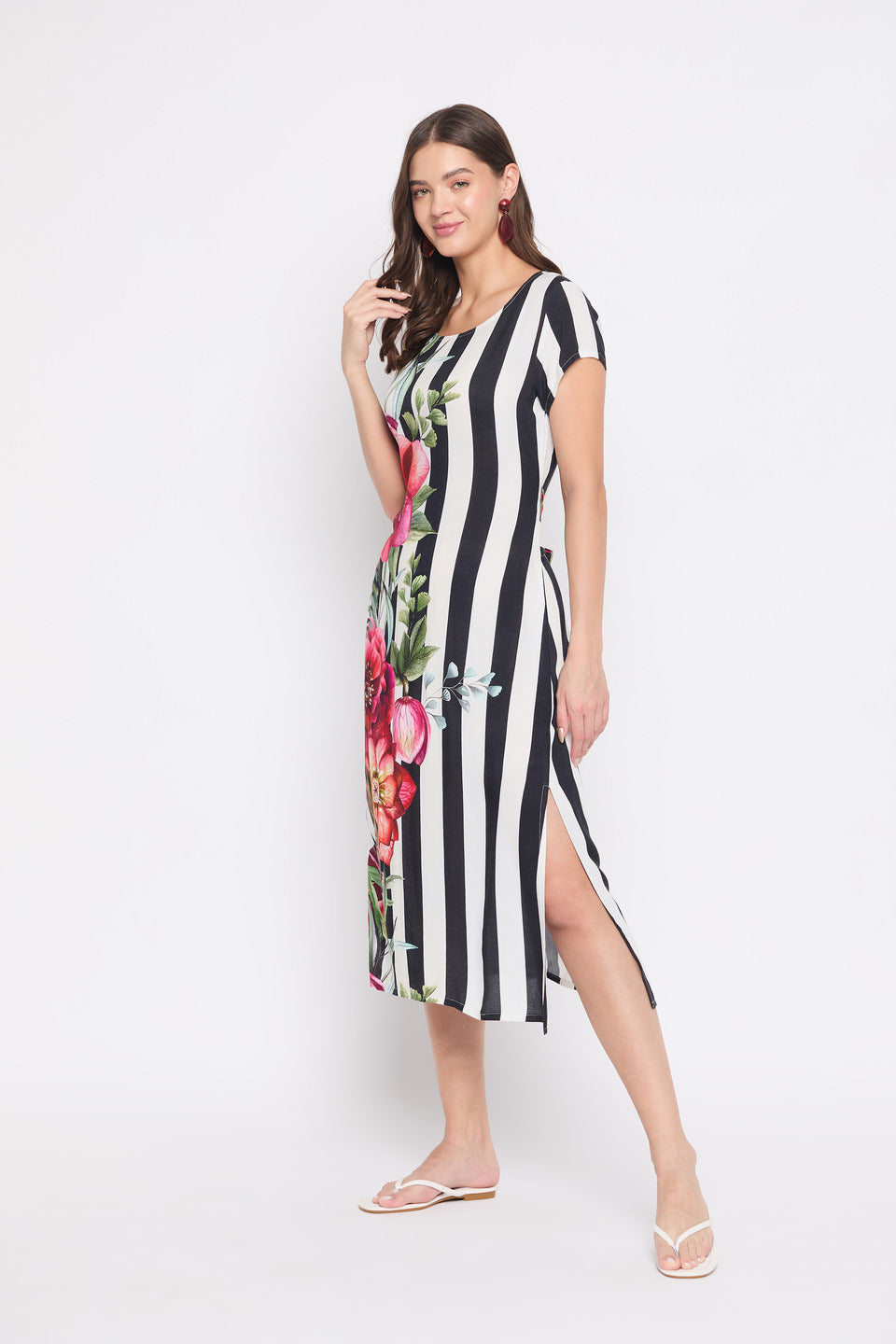 Striped & Floral Printed Multicolor Rayon Crepe Midi Dress