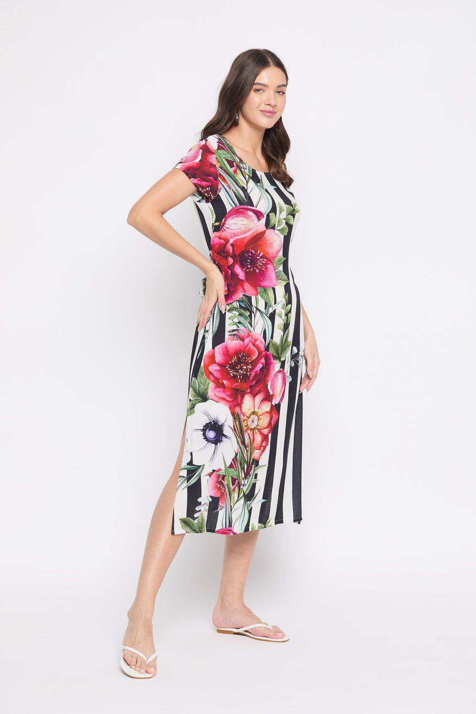 Striped And Floral Print Rayon Crepe Midi Dress For Women