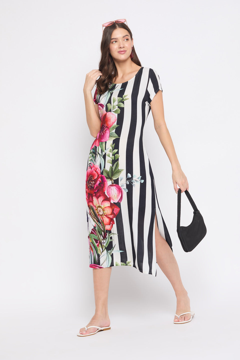 Striped And Floral Print Rayon Crepe Midi Dress For Women