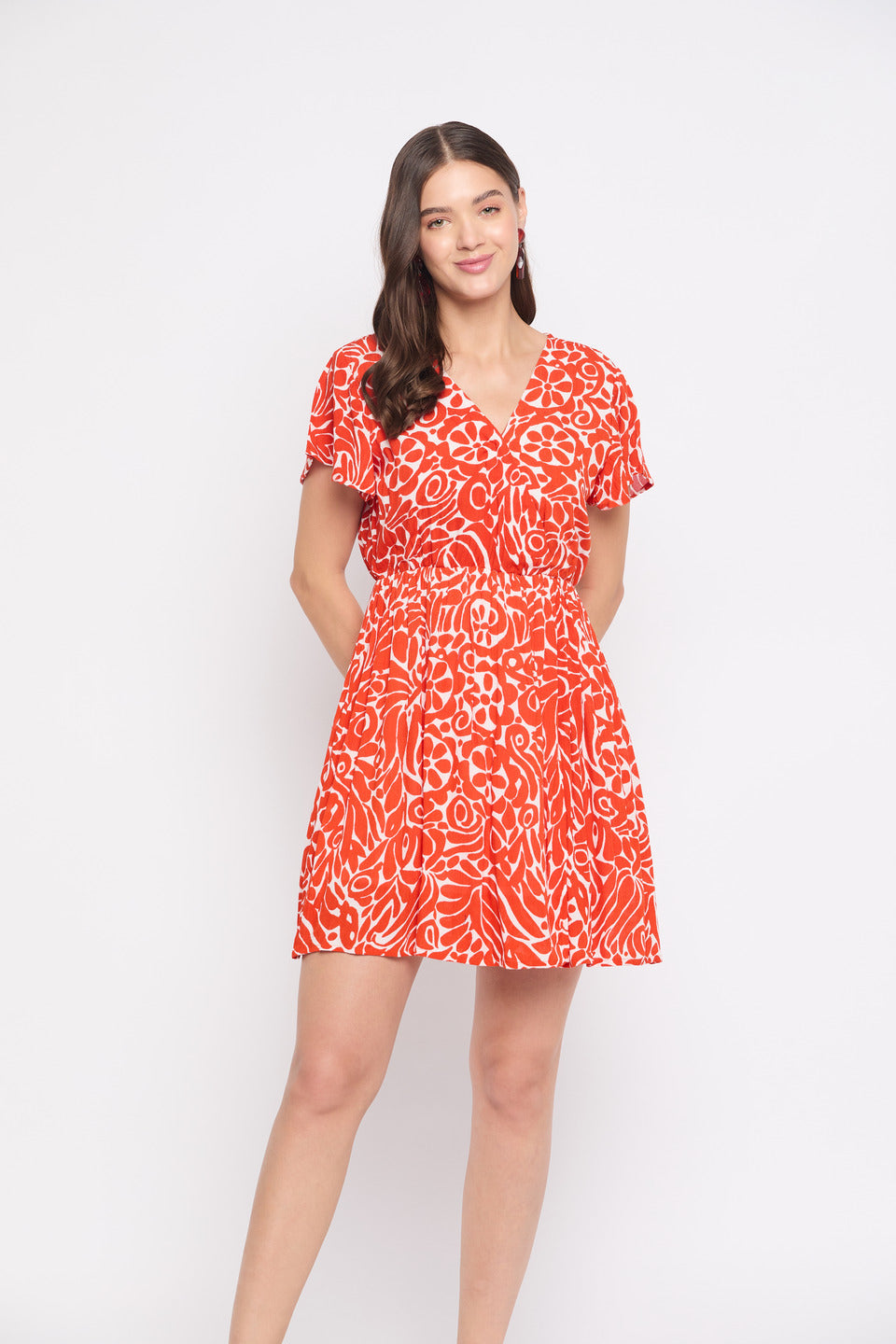 Red And White Floral Print Rayon Crepe Mini Dress For Women