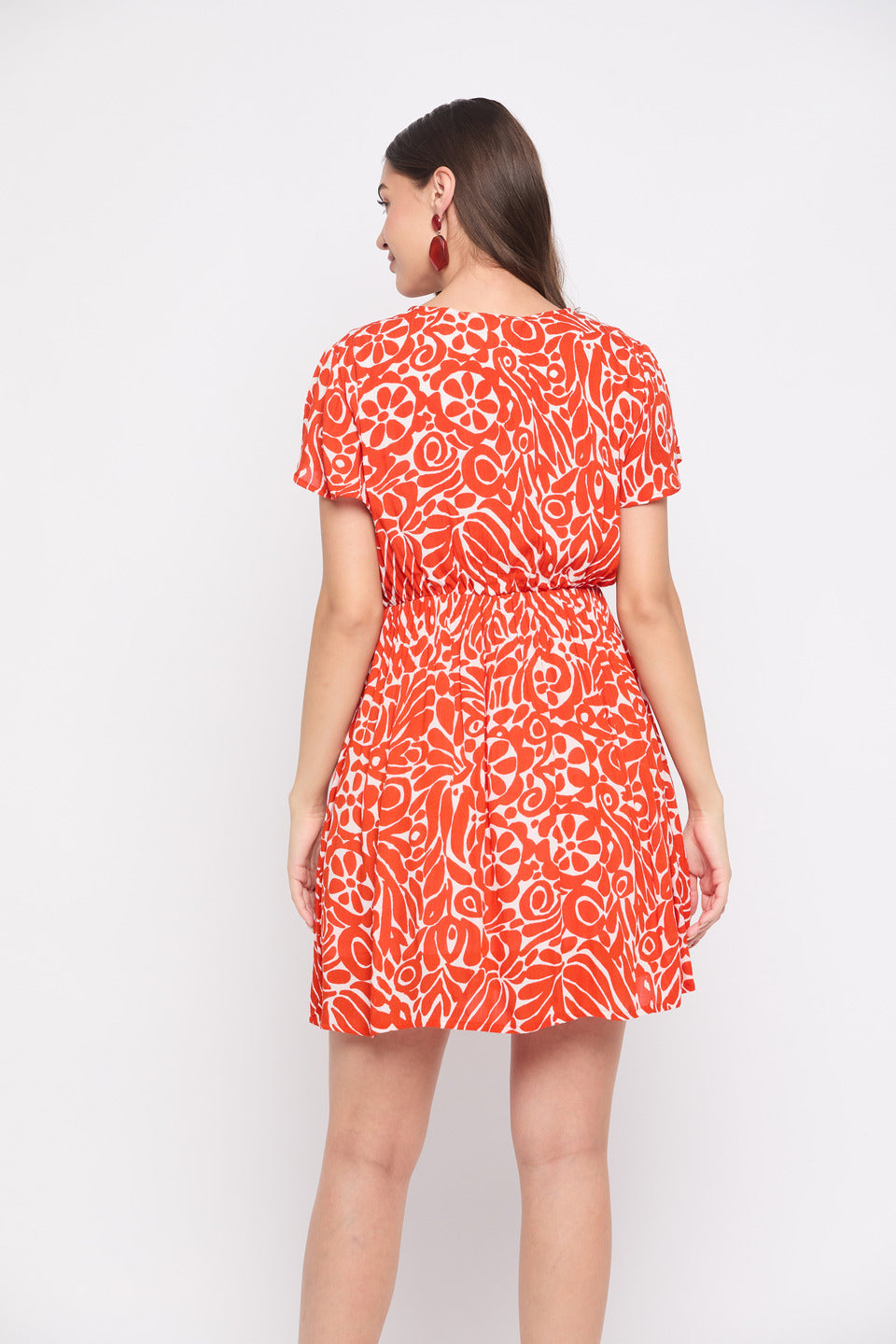 Red And White Floral Print Rayon Crepe Mini Dress For Women