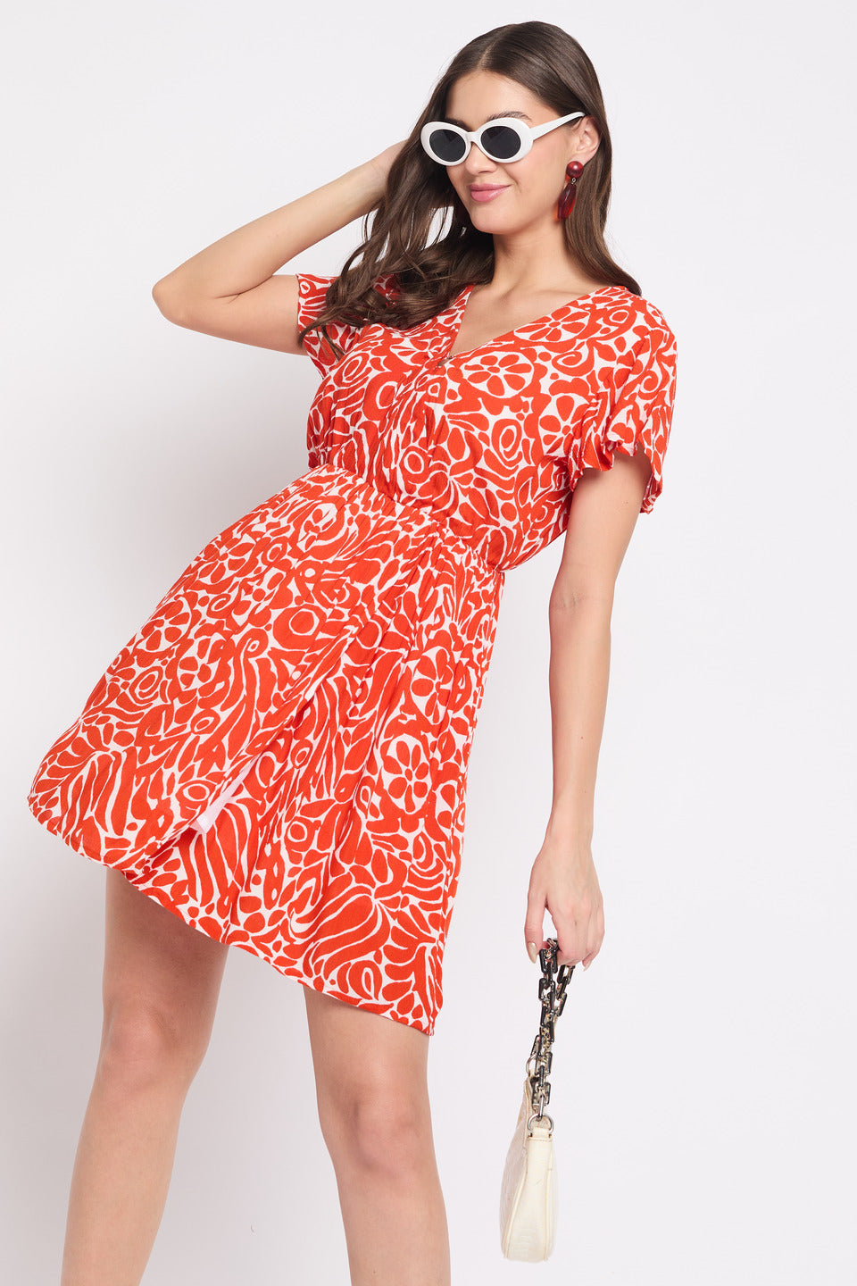 Red And White Floral Print Rayon Crepe Mini Dress For Women