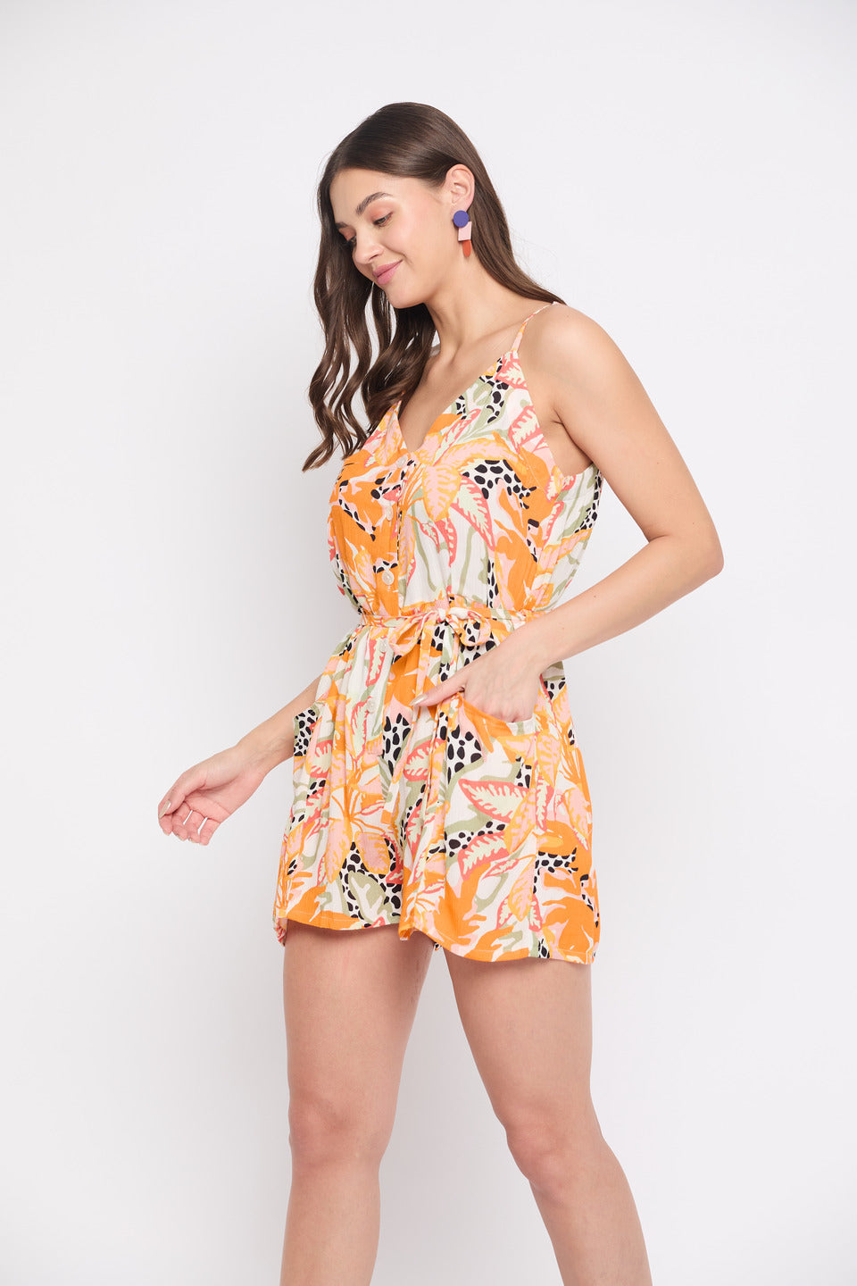 Orange Tropical Print Rayon Crepe Play Suit For Women