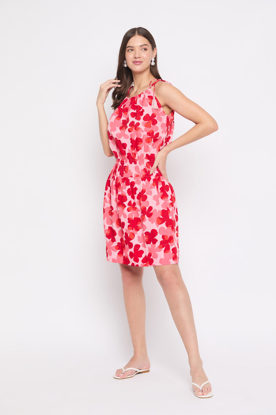 Floral Print Red & Pink Rayon Mini Dress For Women