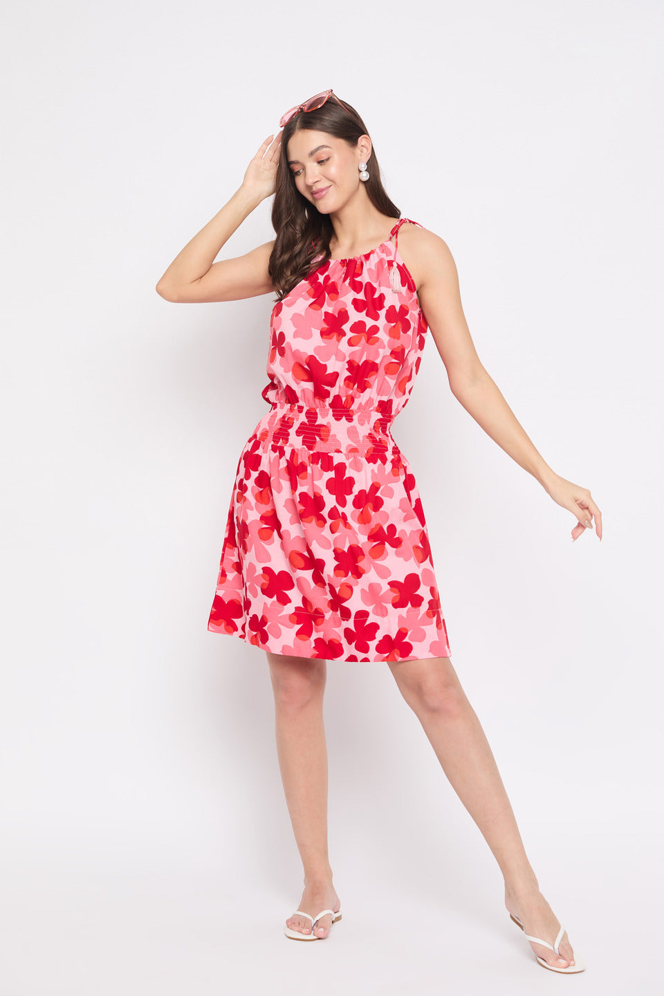 Floral Print Red & Pink Rayon Mini Dress For Women