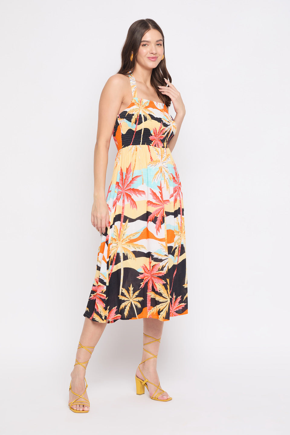 Rayon Crepe Beach Theme Multicolor Midi Dress For women