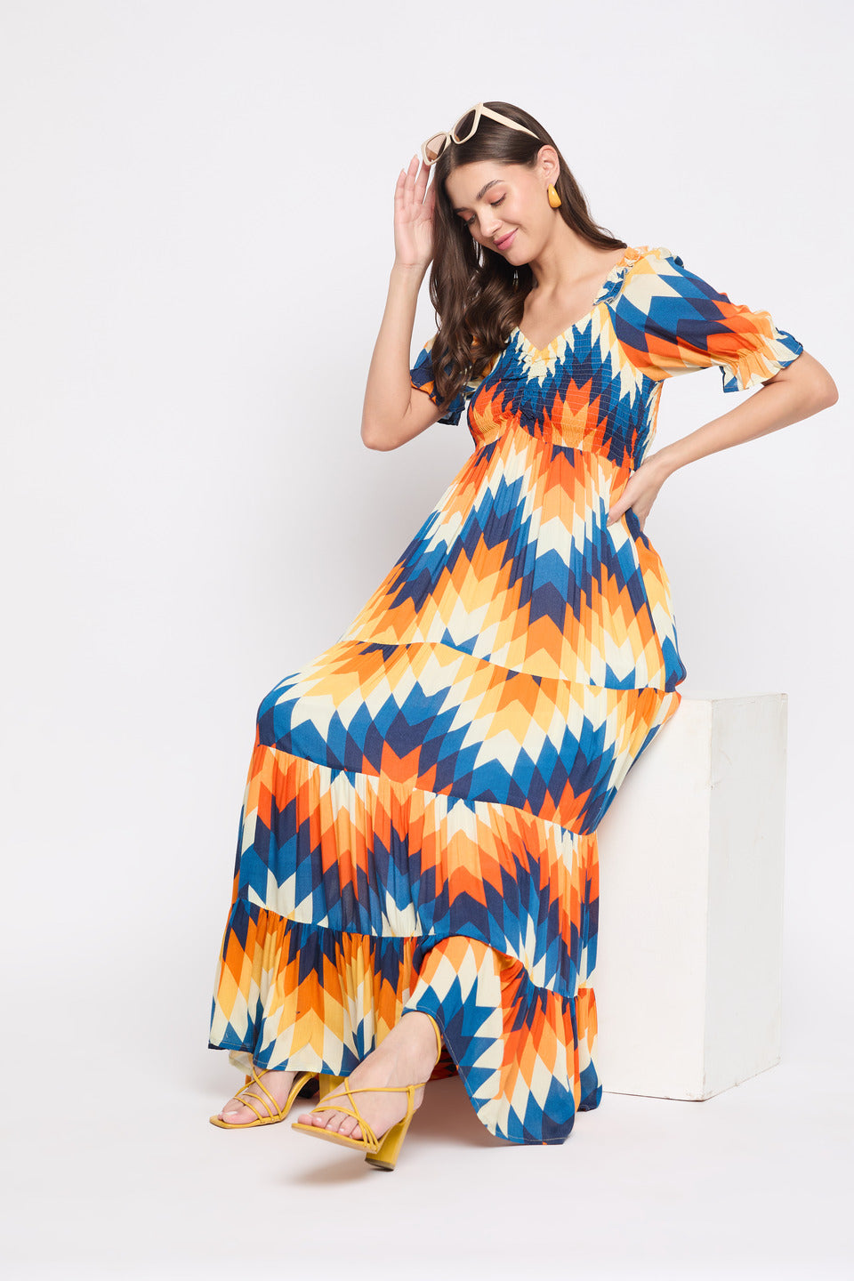 Digital Print Multicolor Rayon Crepe Maxi Dress For Women