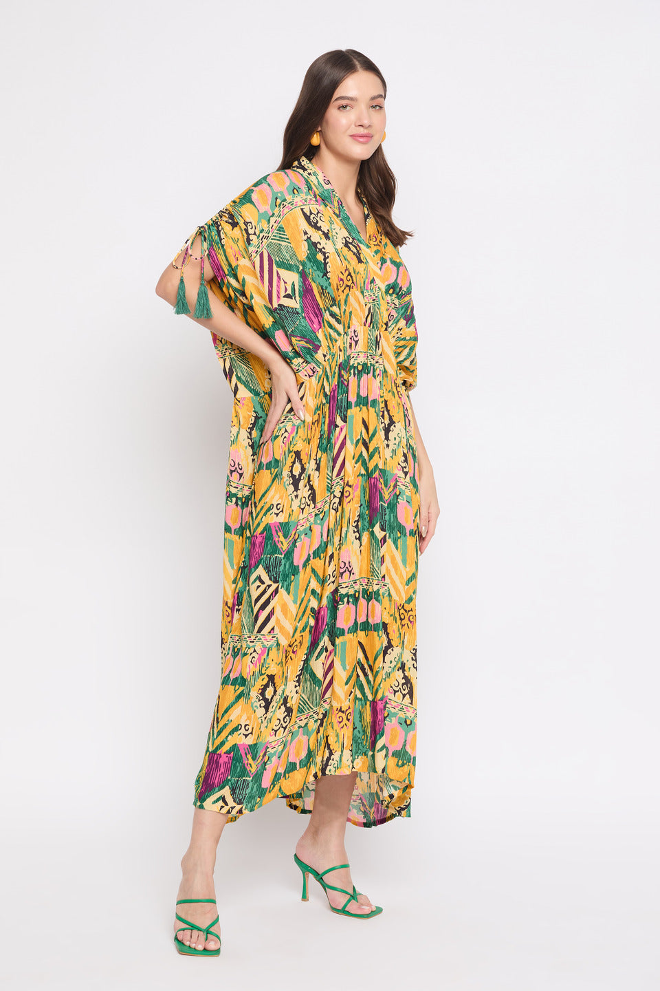 Yellow And Green Abstract Print Rayon Plus Size Kaftan For Women