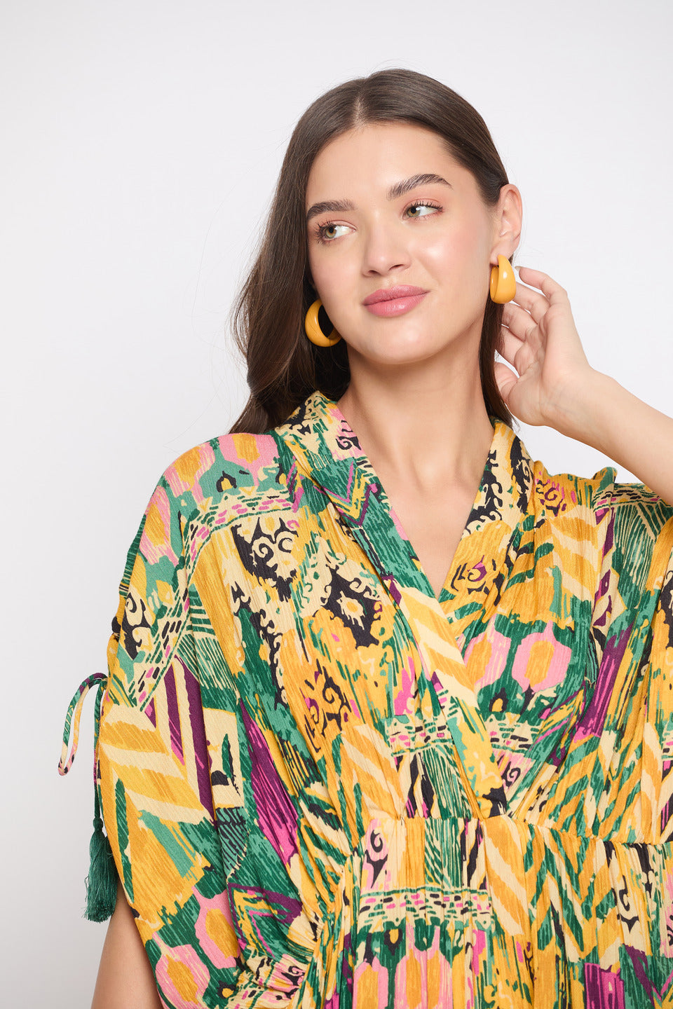 Yellow And Green Abstract Print Rayon Plus Size Kaftan For Women