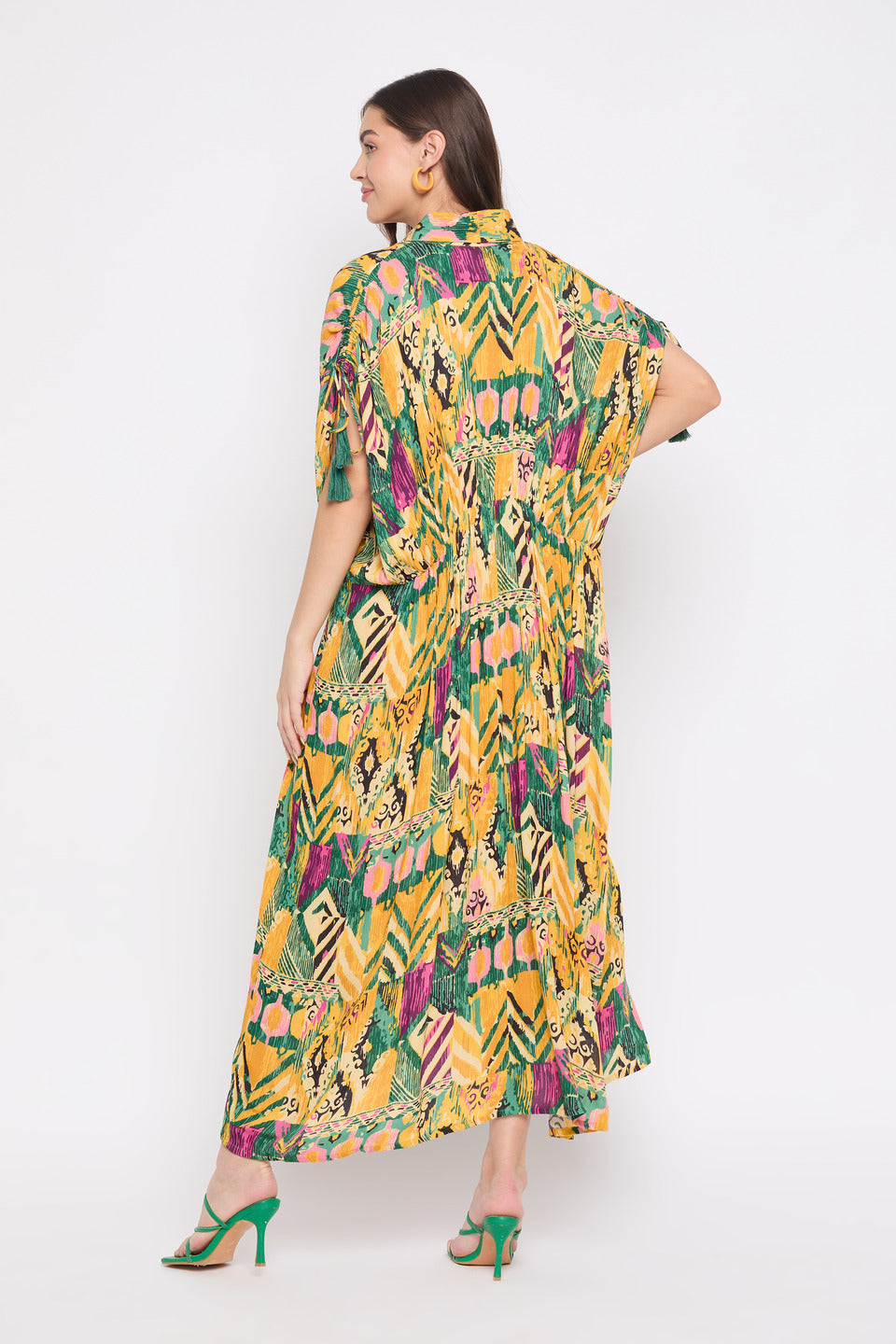 Yellow And Green Abstract Print Rayon Plus Size Kaftan For Women