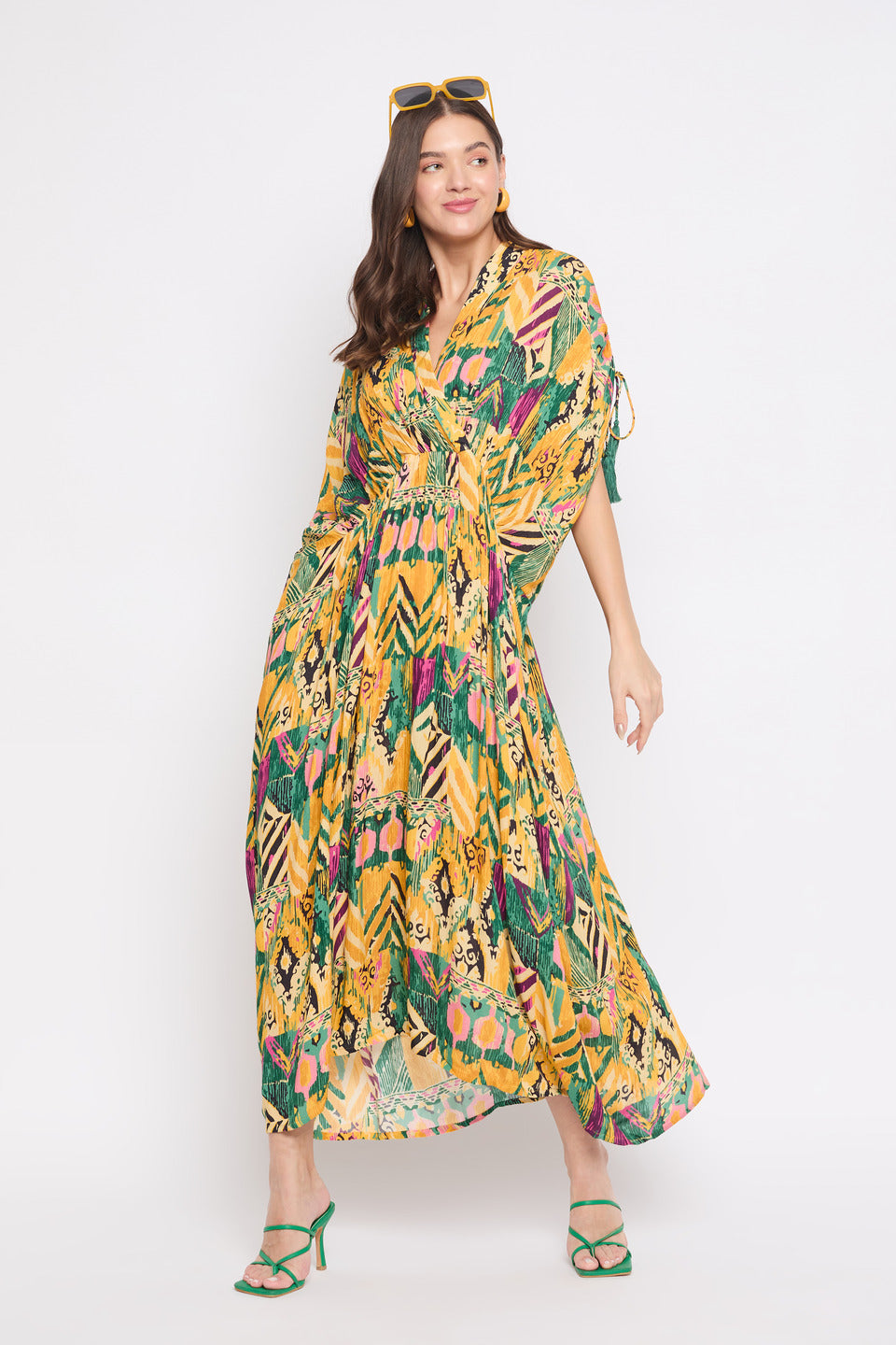 Yellow And Green Abstract Print Rayon Plus Size Kaftan For Women