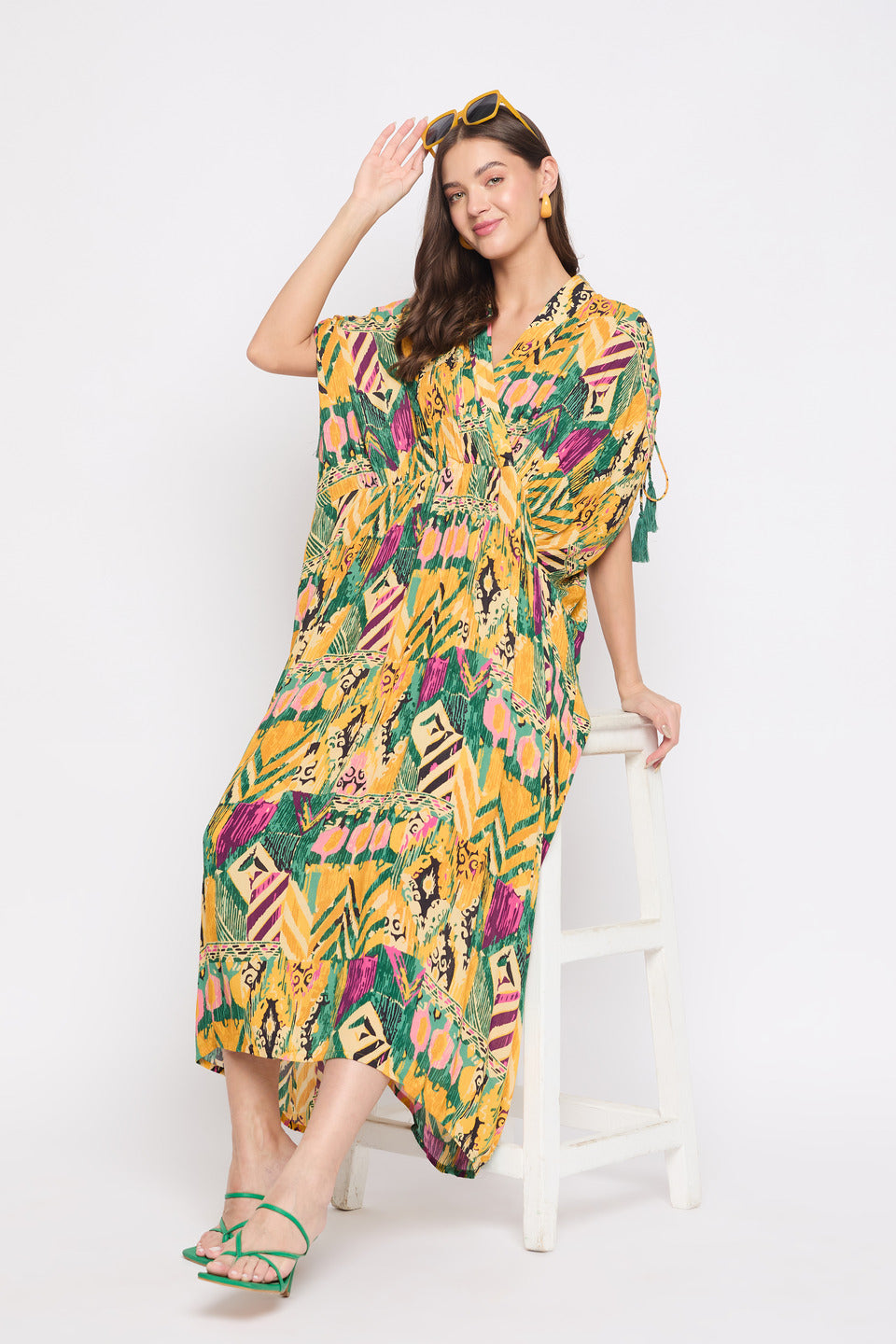 Yellow And Green Abstract Print Rayon Plus Size Kaftan For Women