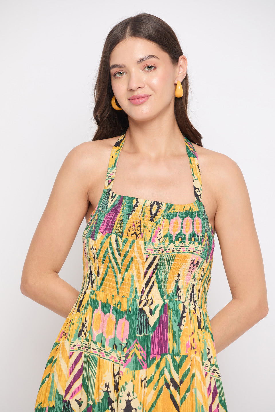 Rayon Crepe Yellow Abstract Print Midi Dress For Women