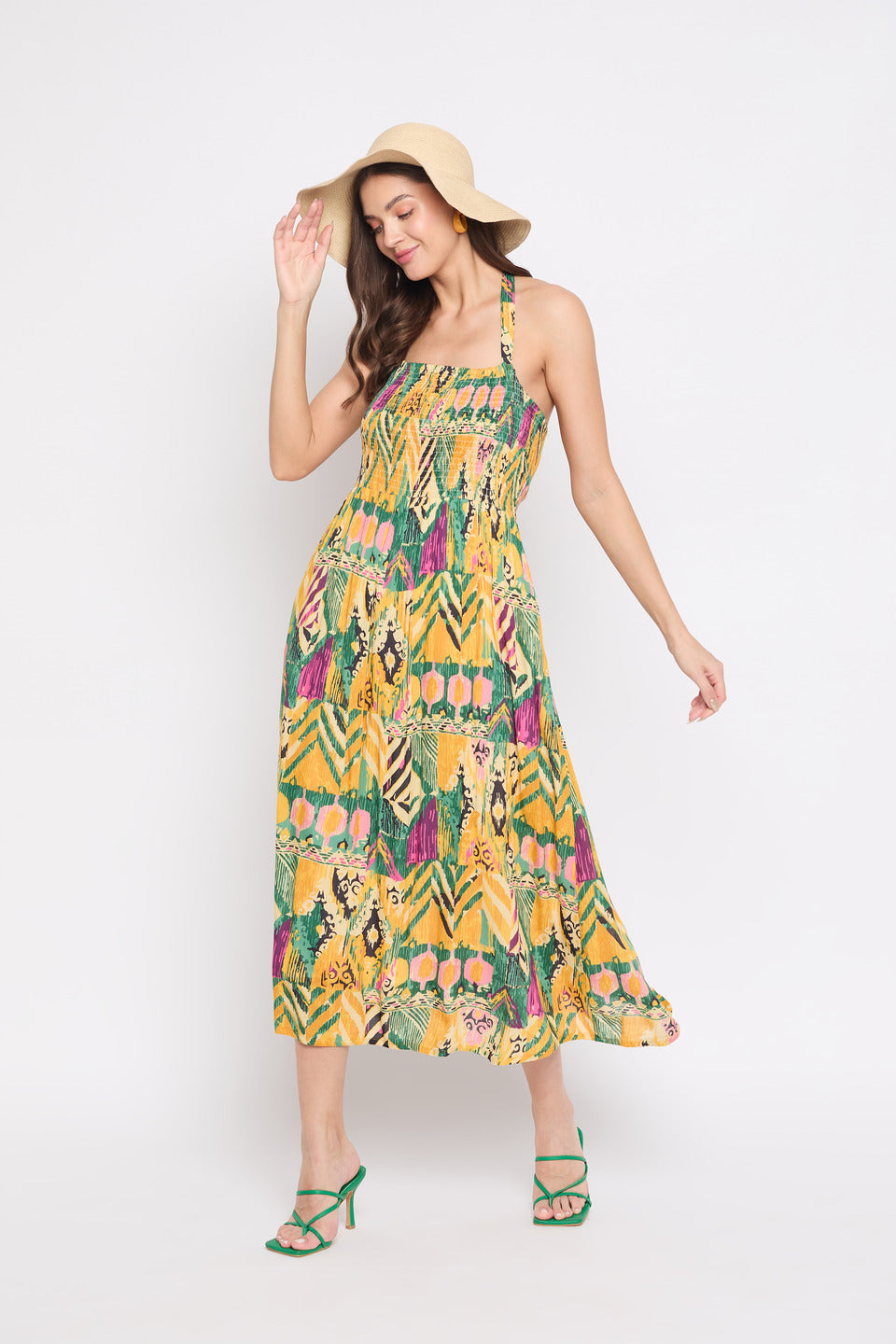 Rayon Crepe Yellow Abstract Print Midi Dress For Women
